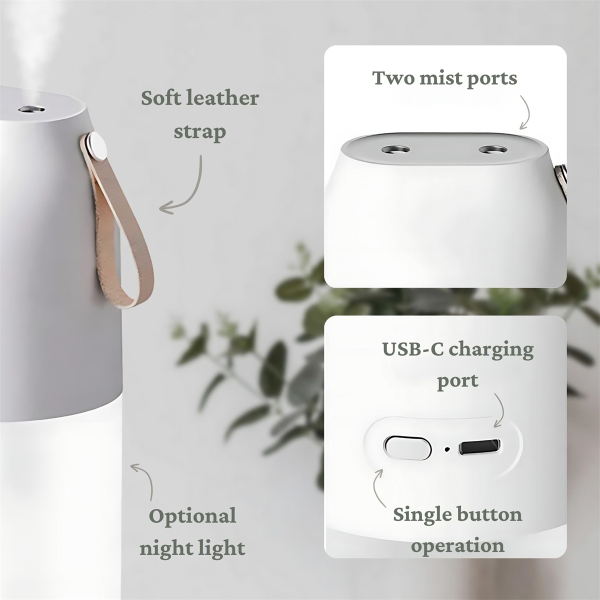 Ein weißer und grauer Diffusor mit Details: Lederriemen, Nebelauslässe, Nachtlicht und USB-C-Anschluss.