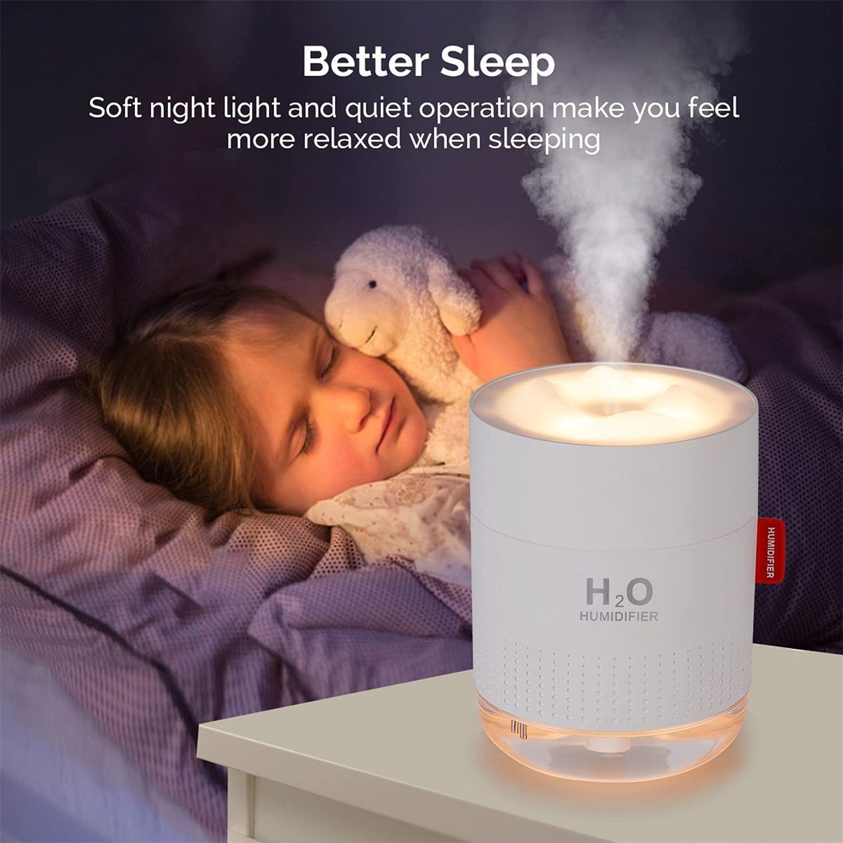 Luftbefeuchter bei einem schlafenden Kind. Weißer Luftbefeuchter mit Licht.
