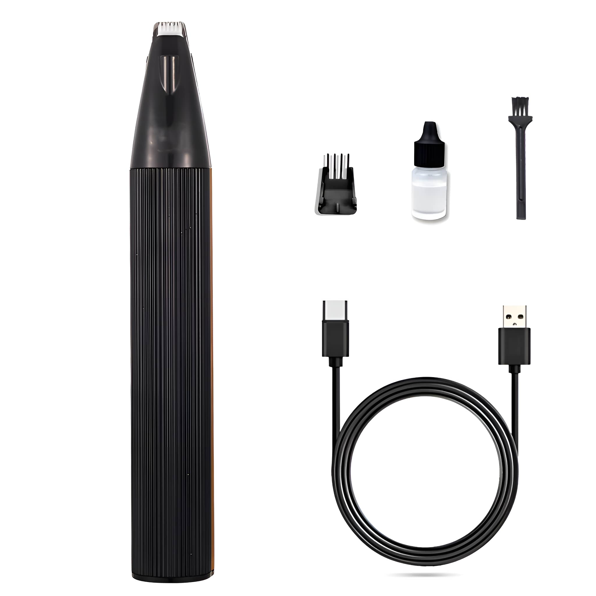 Schwarzer Nasenhaartrimmer und Zubehör. Enthält ein USB-Kabel, eine Reinigungsbürste und eine Ölflasche.