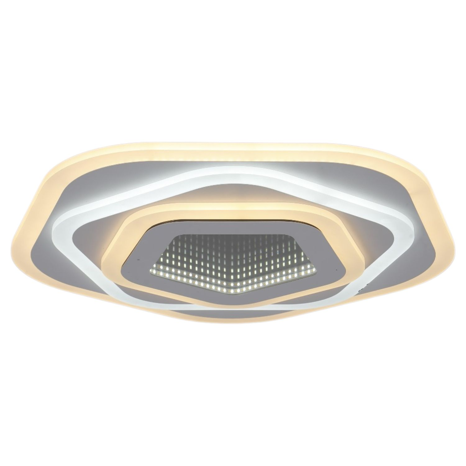 Un moderno apparecchio per illuminazione a soffitto. Presenta un design multistrato a forma di ottagono, bianco e argento.