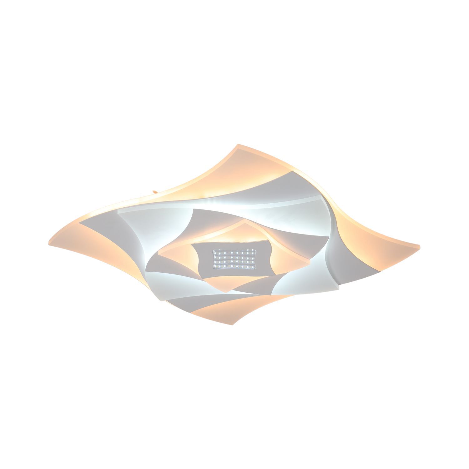 Luce da soffitto bianca a strati. Ha forme curve e ondulate con luci al centro.