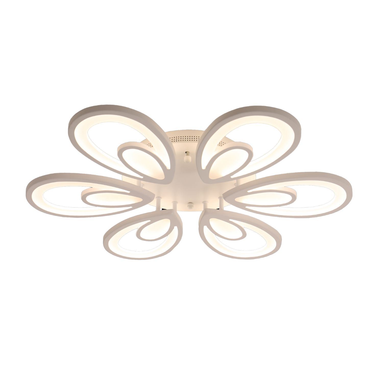 Lampada da soffitto bianca a forma di fiore con sette sezioni a forma di petalo. Ognuna contiene una fonte di luce.