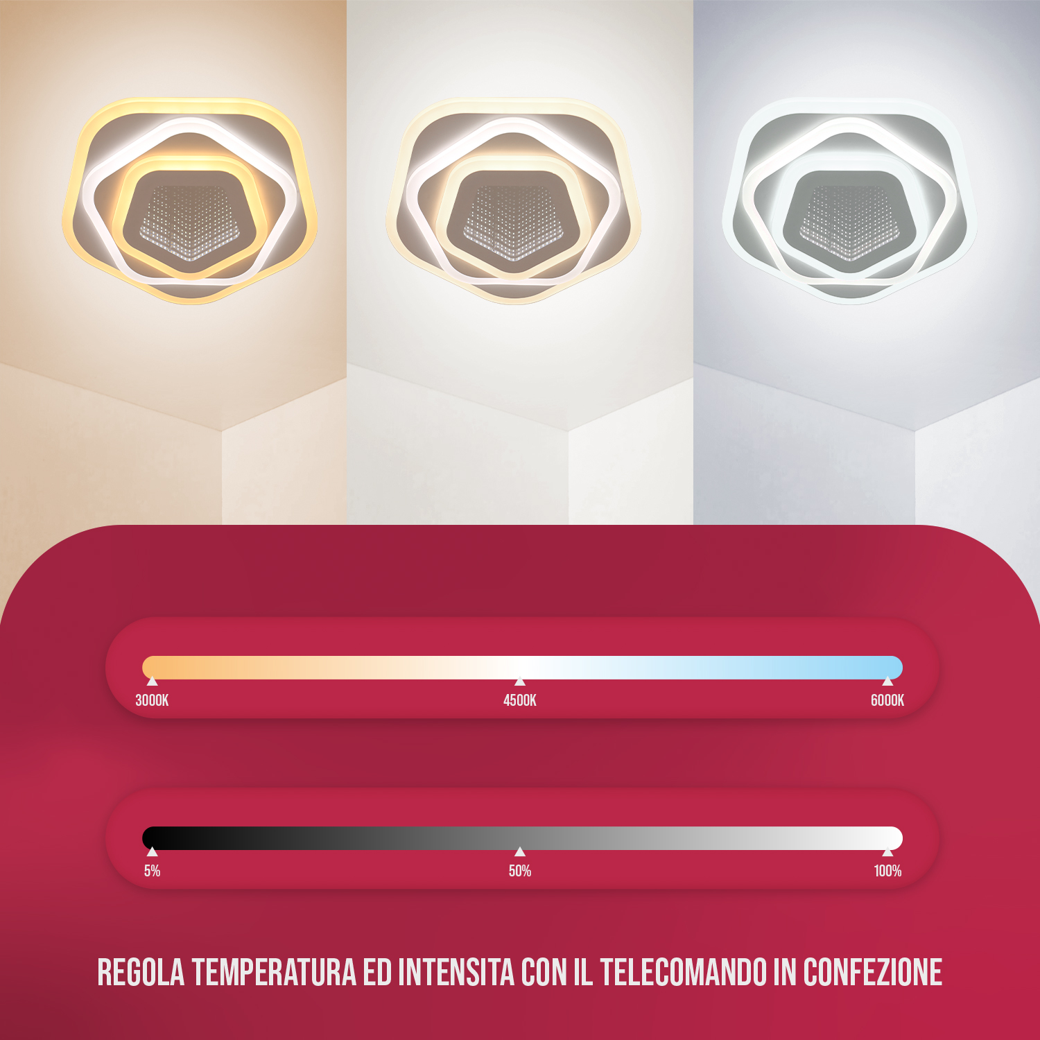 Uno sfondo rosso con una gamma di luci a soffitto che mostrano diverse temperature di luce e impostazioni di luminosità.