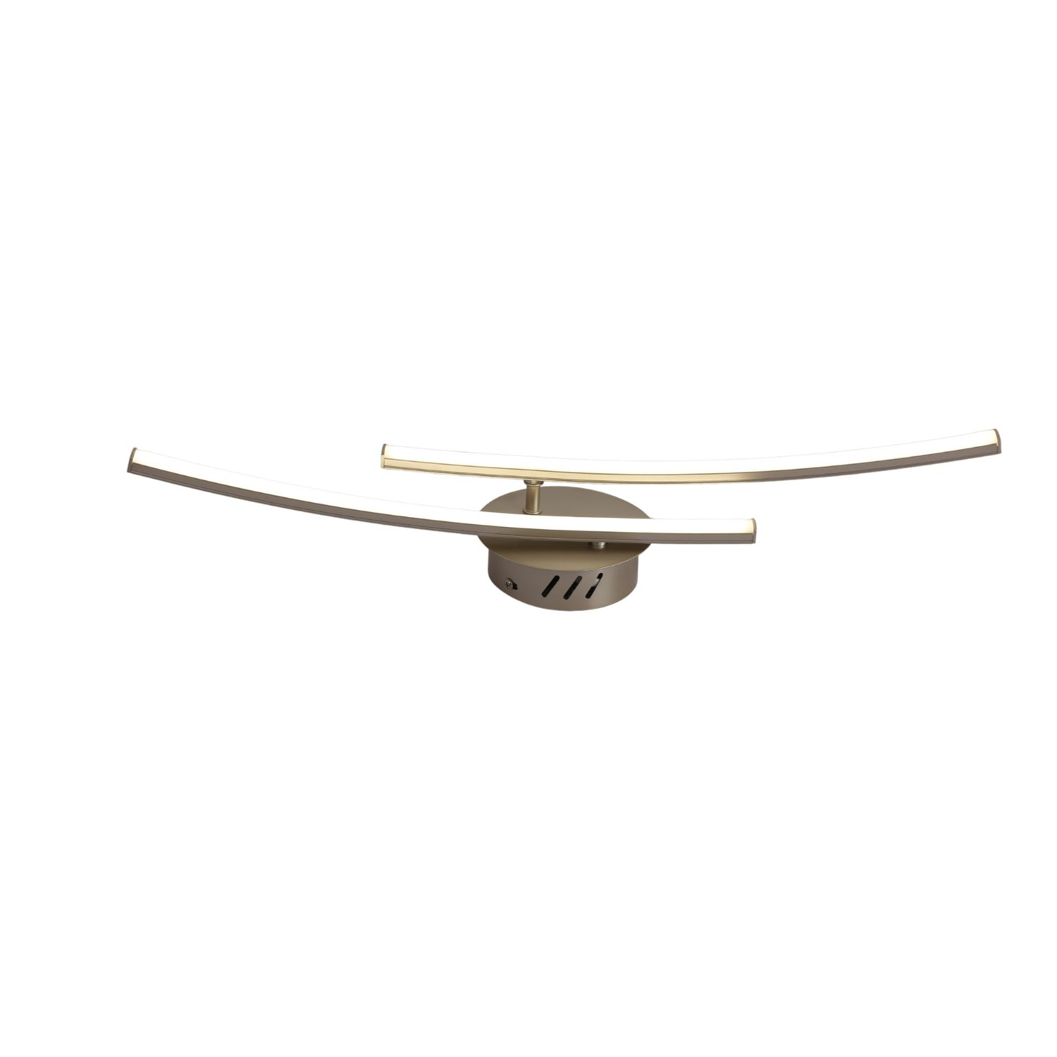 Lampada da soffitto moderna con tre barre curve e base centrale, tutto color argento.