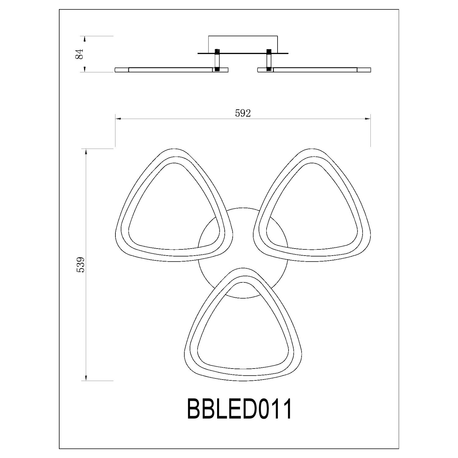 Disegno tecnico di una lampada da soffitto con tre elementi triangolari disposti a cerchio.