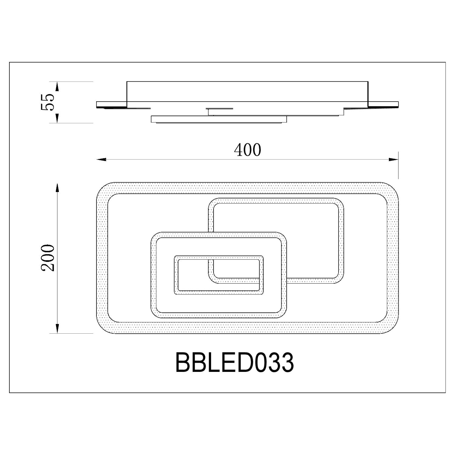 Disegno tecnico di una lampada da soffitto. Contorno rettangolare con design rettangolare e circolare nidificato.