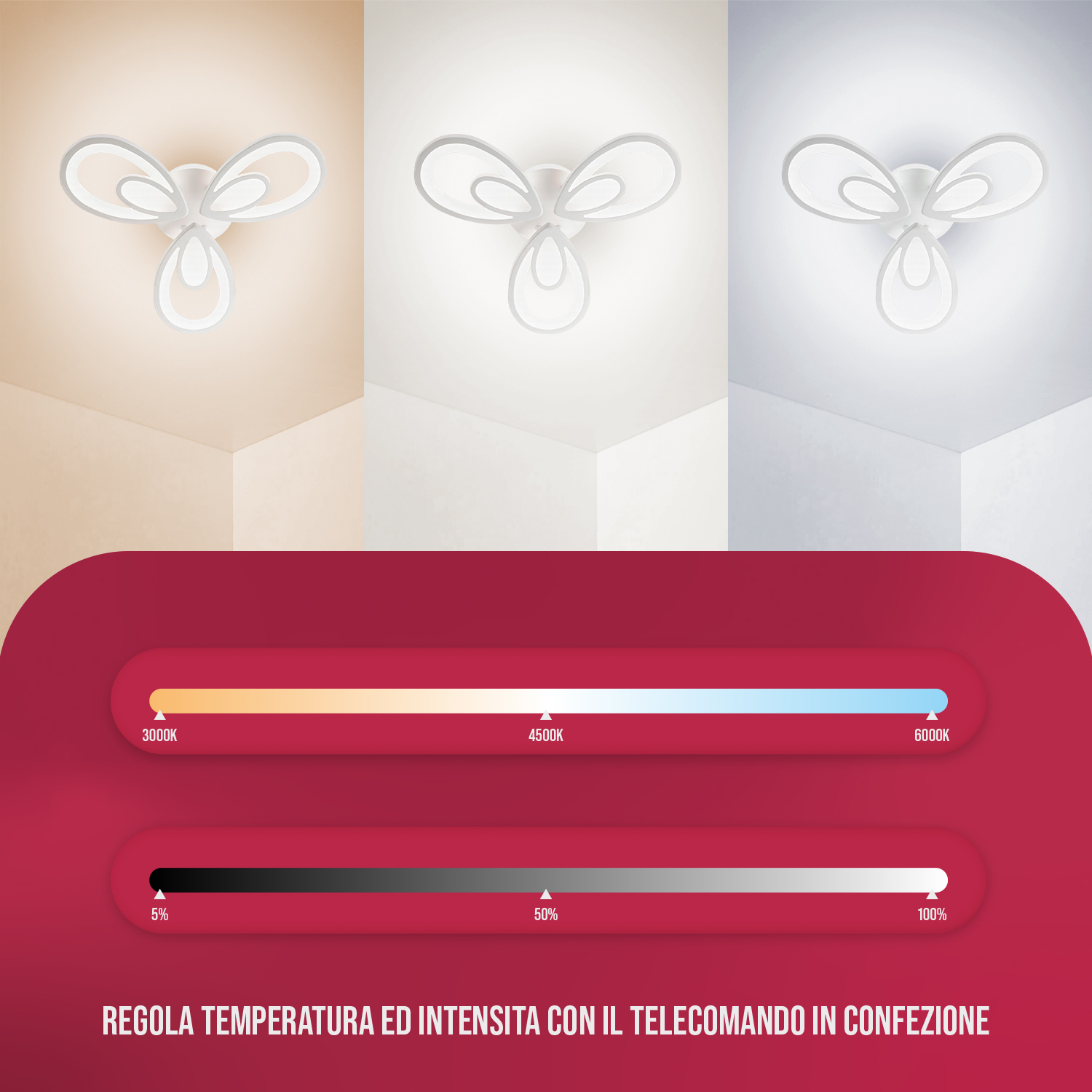 Plafoniera con tre forme a petalo. Barre di controllo colore e intensità in basso. Tre modalità di illuminazione in alto.