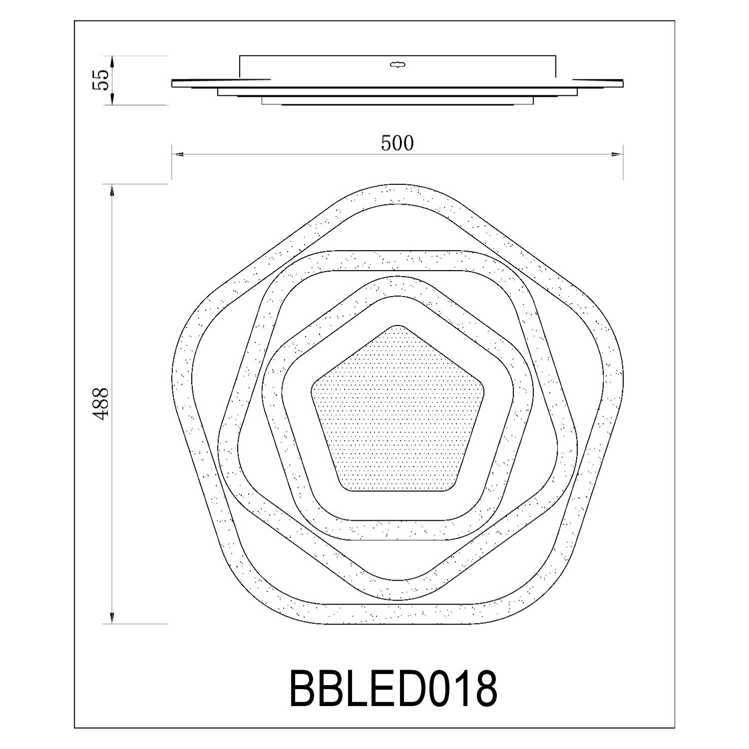 Un diagramma di una lampada da soffitto. La lampada ha una forma pentagonale con diversi strati e dimensioni.