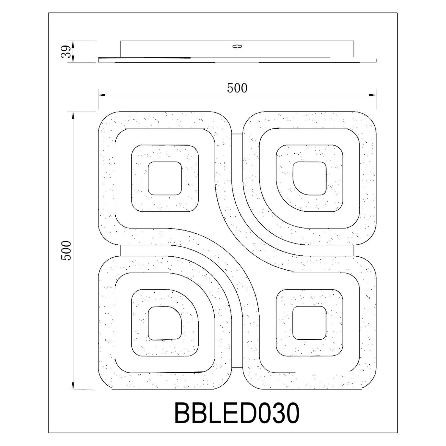 Disegno tecnico di una lampada da soffitto con design quadrato e quattro elementi quadrati arrotondati.