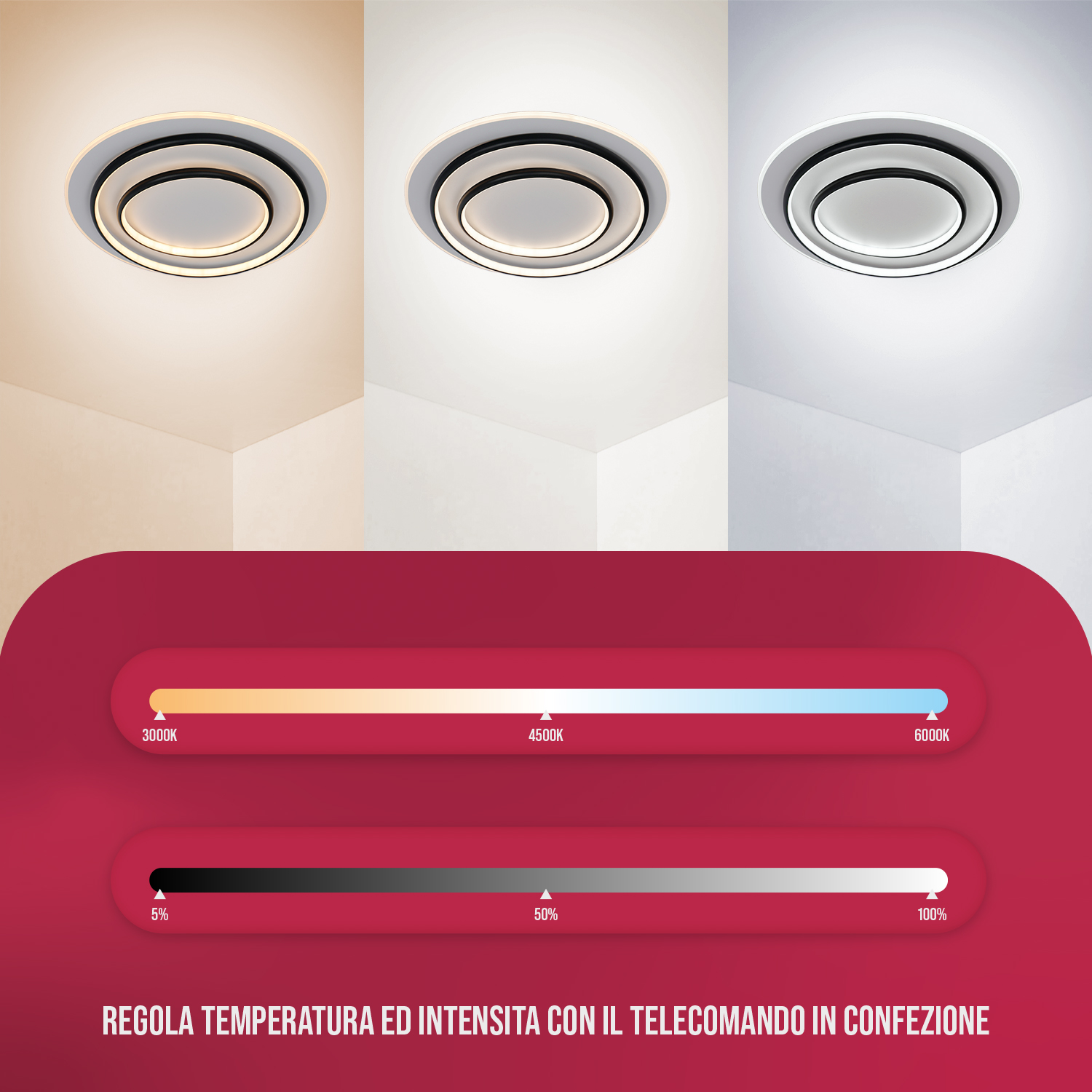 Lampade da soffitto con controllo temperatura colore e luminosità. Tre luci sono mostrate con diverse impostazioni.