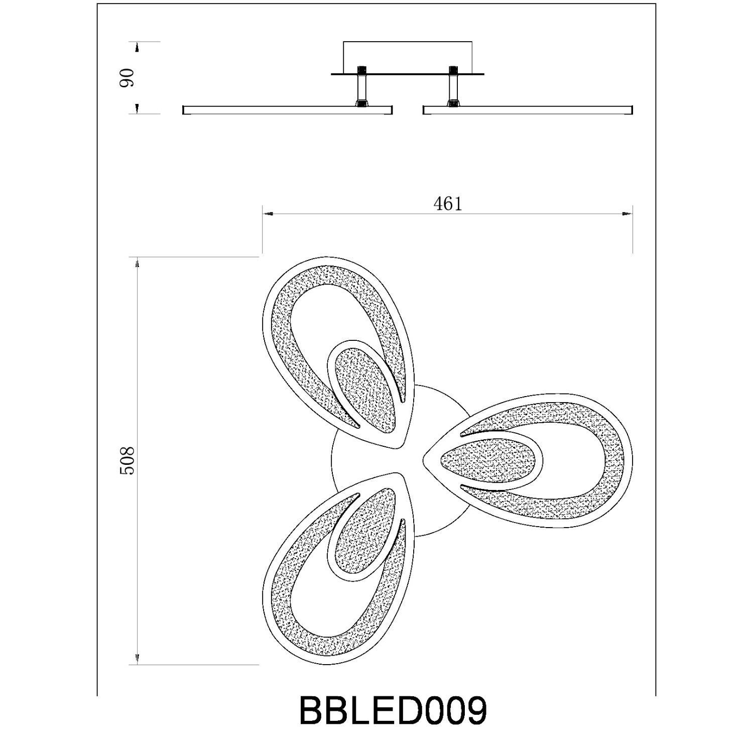 Disegno tecnico di una plafoniera, vista dall'alto della luce e le sue dimensioni in mm e altri dettagli.
