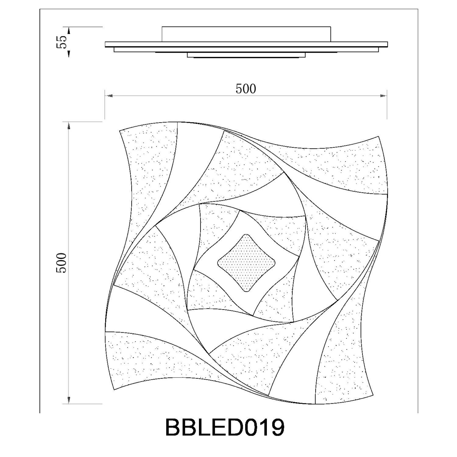 Design geometrico di lampada da soffitto con misure. Presenta una forma quadrata con bordi curvi.