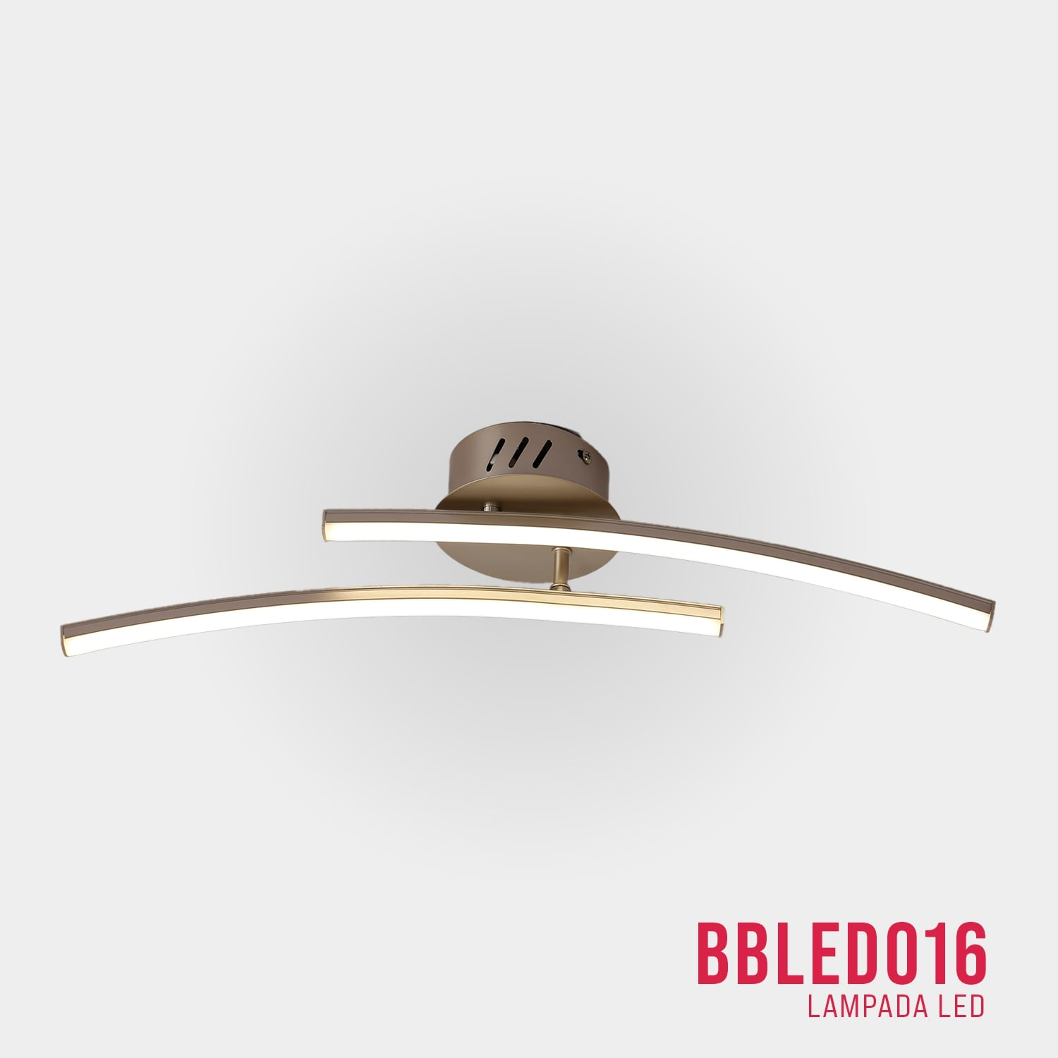 Plafoniera con due bracci curvi. Il testo 'BBLEDO16 LAMPADA LED' è presente. Sfondo bianco.