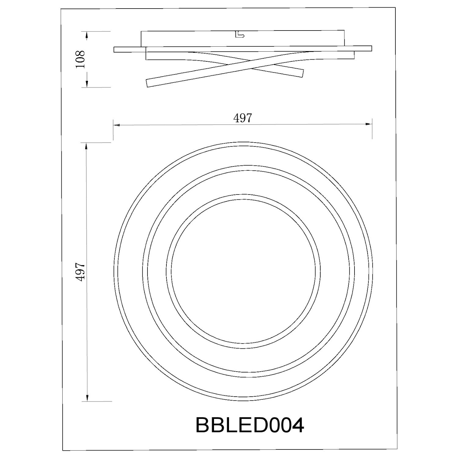 Disegno tecnico di una lampada da soffitto con design circolare e tre elementi curvi.