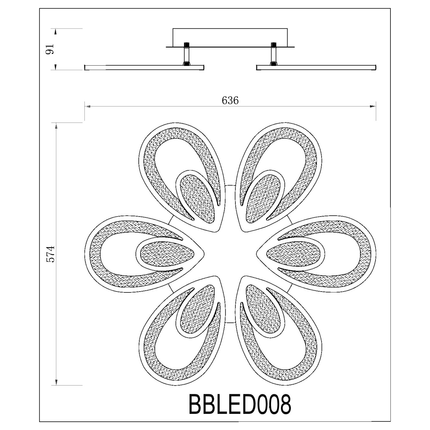 Disegno tecnico di un apparecchio per illuminazione a soffitto. Ha un design a forma di fiore con dimensioni indicate.