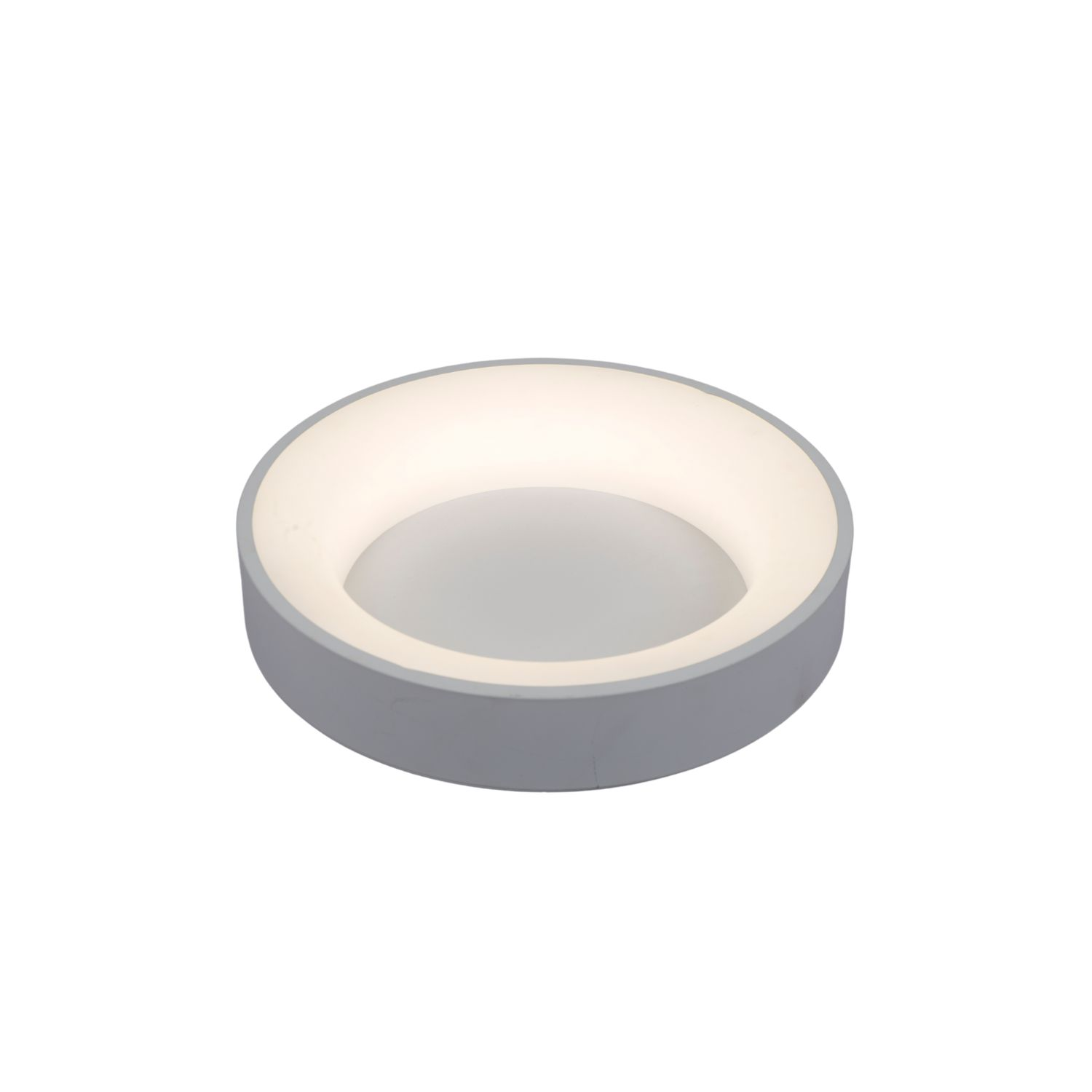 Lampada da soffitto circolare bianca con bordo grigio-argento. La luce emana dal centro.