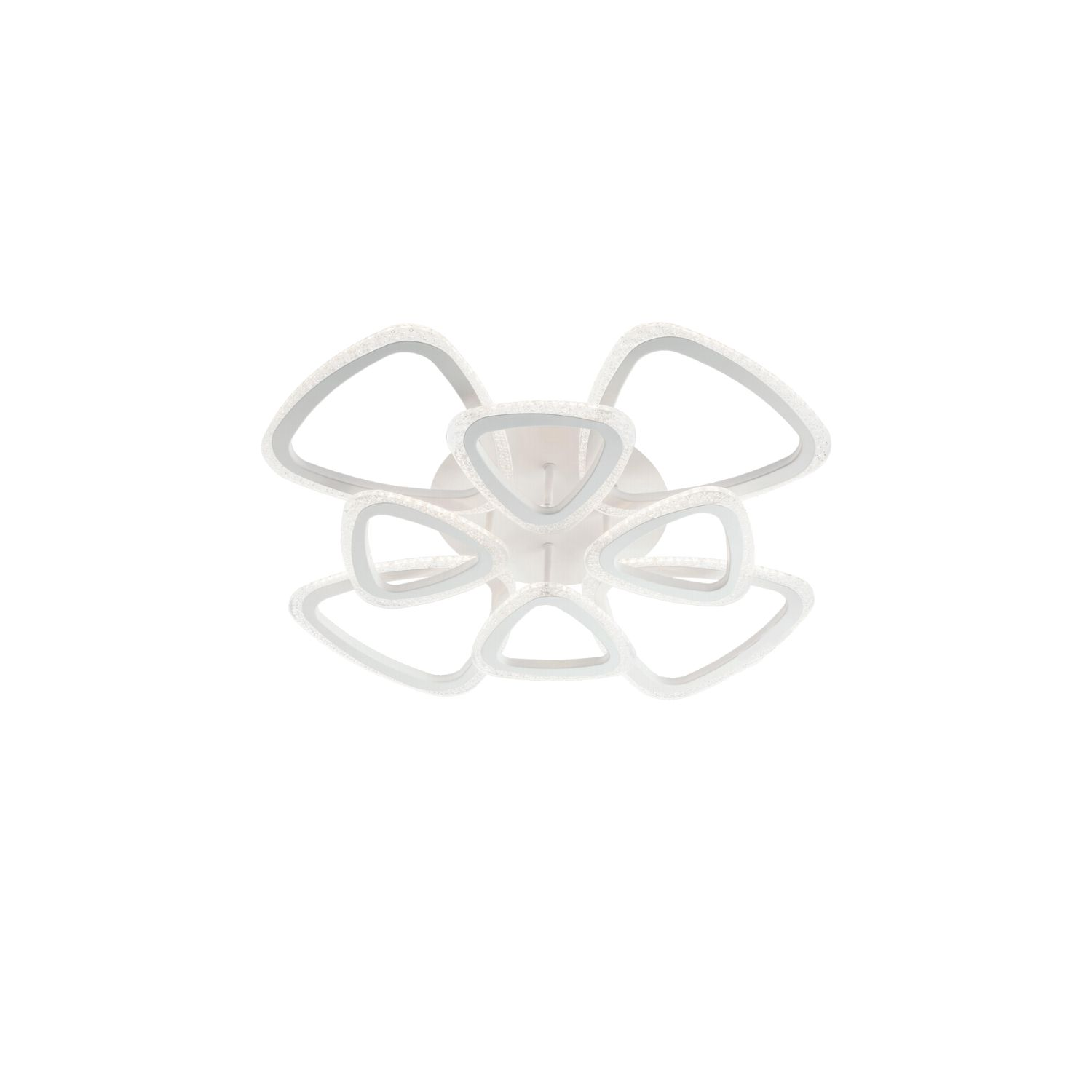 Una plafoniera con sei forme bianche, triangolari e interconnesse, su sfondo bianco.