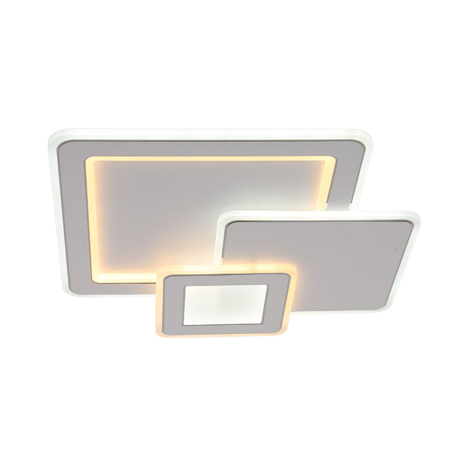 Lampada da soffitto composta da quadrati sovrapposti bianchi e grigi con una sorgente luminosa centrale.