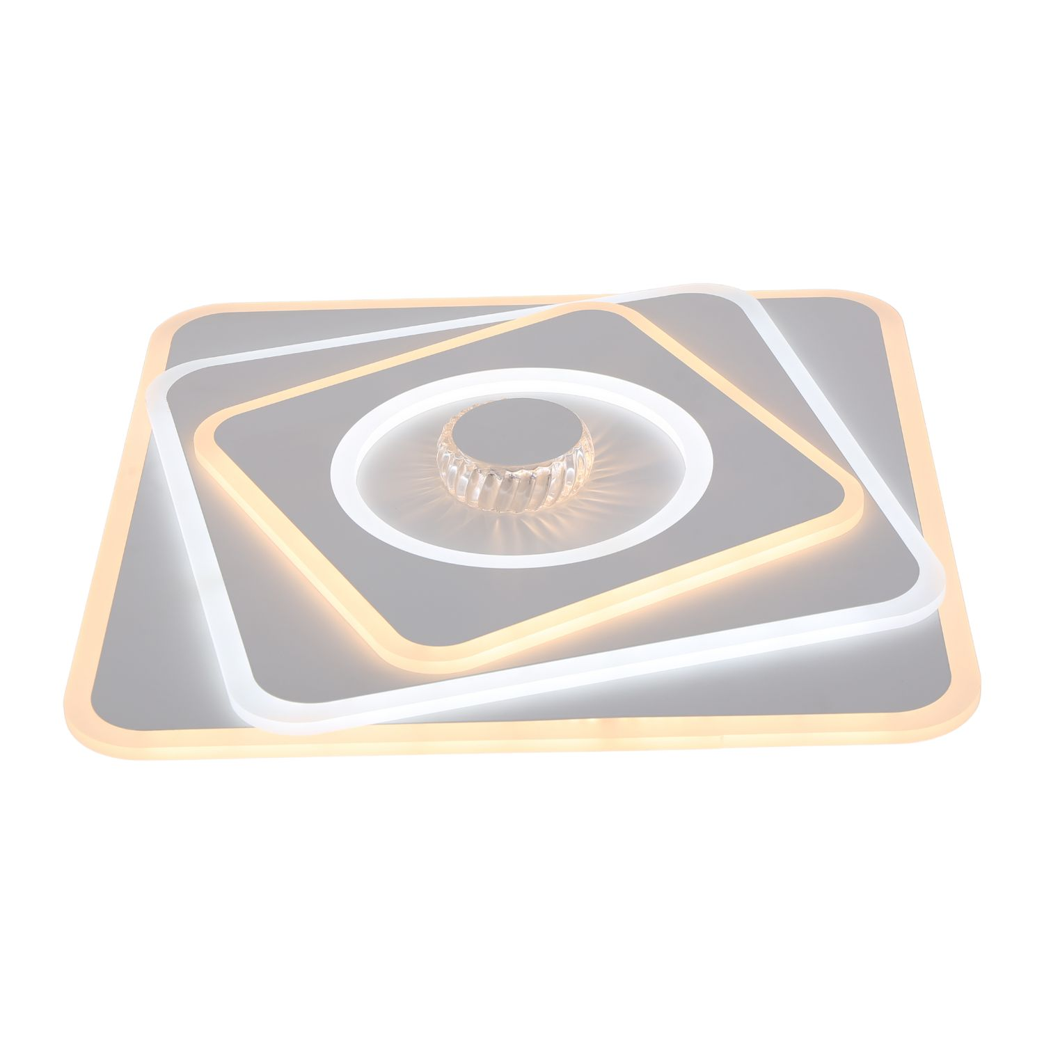 Una lampada da soffitto con un design quadrato a strati e un elemento centrale cilindrico. La lampada è bianca e oro.