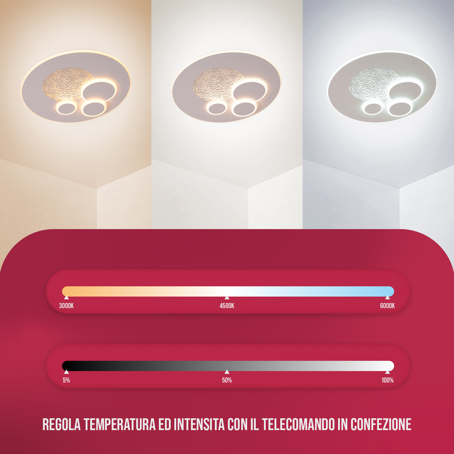 Lampada da soffitto con temperatura colore e luminosità regolabili. Il display mostra l'intervallo.