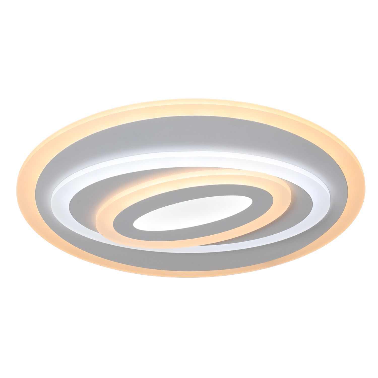 Lampada da soffitto ovale con anelli concentrici bianchi e beige. La luce è accesa e brillante.