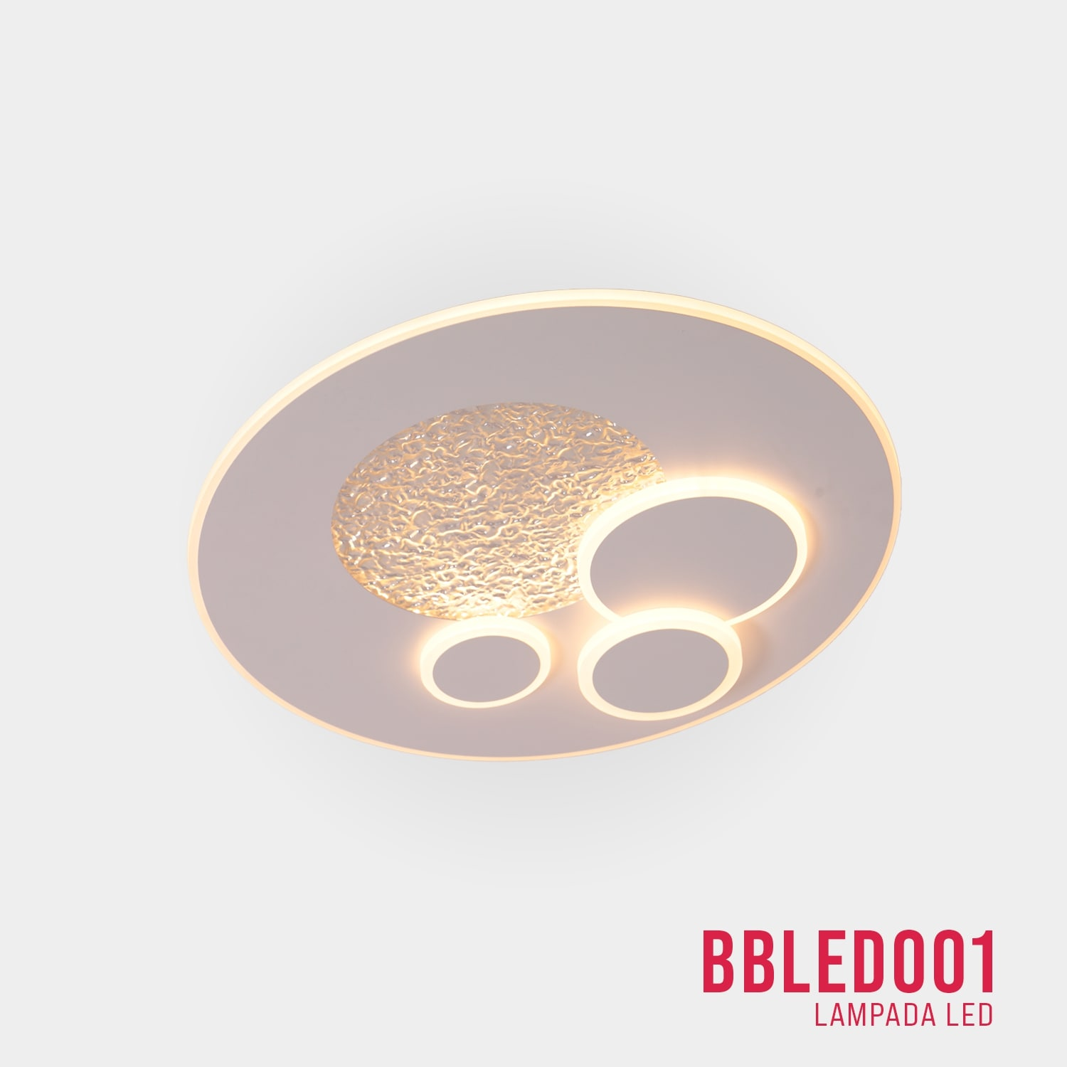 Lampada da soffitto con design circolare e tre luci circolari. Scritto BBLD001 e Lampada LED.