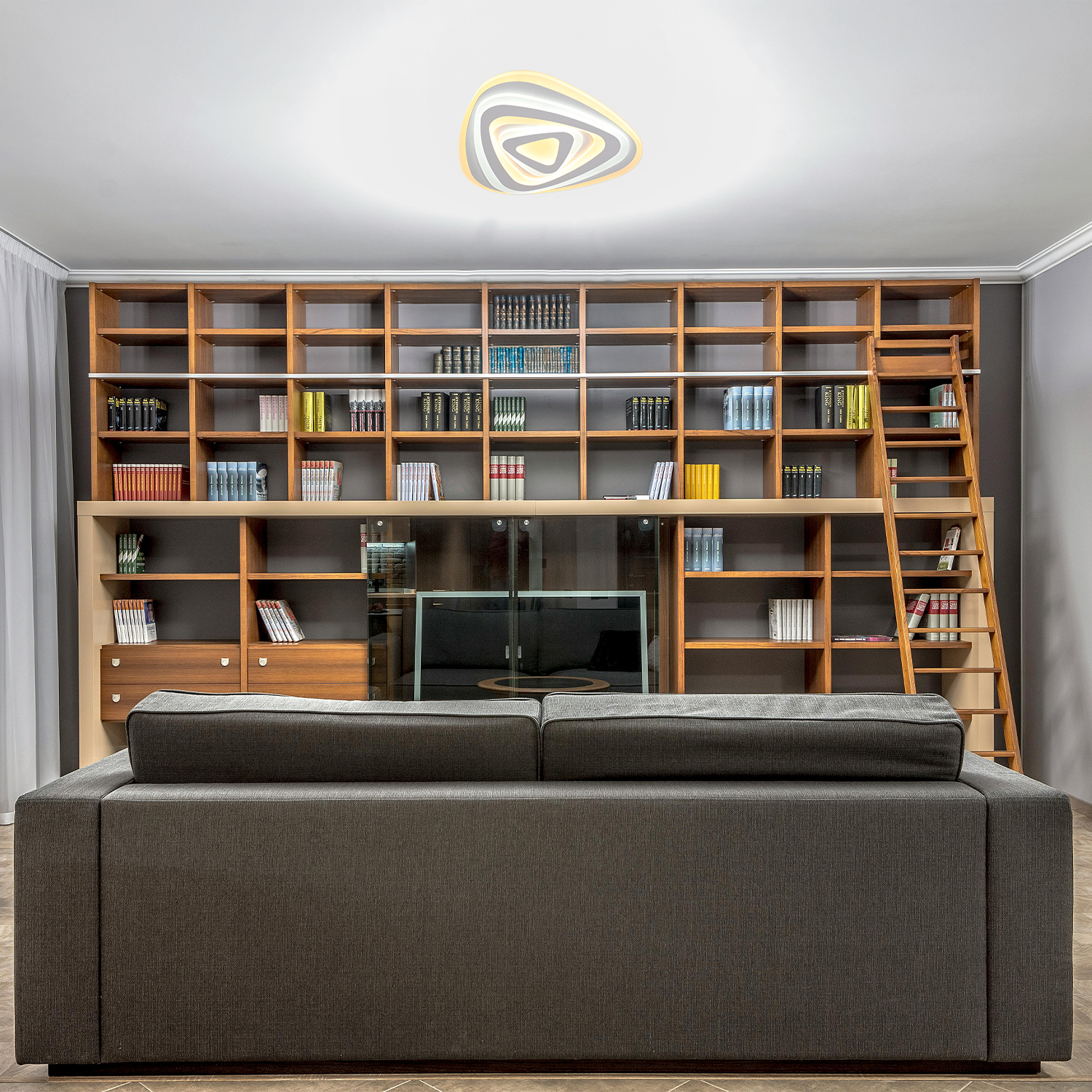 Soggiorno moderno con libreria, divano e lampada da soffitto. Librerie con libri.
