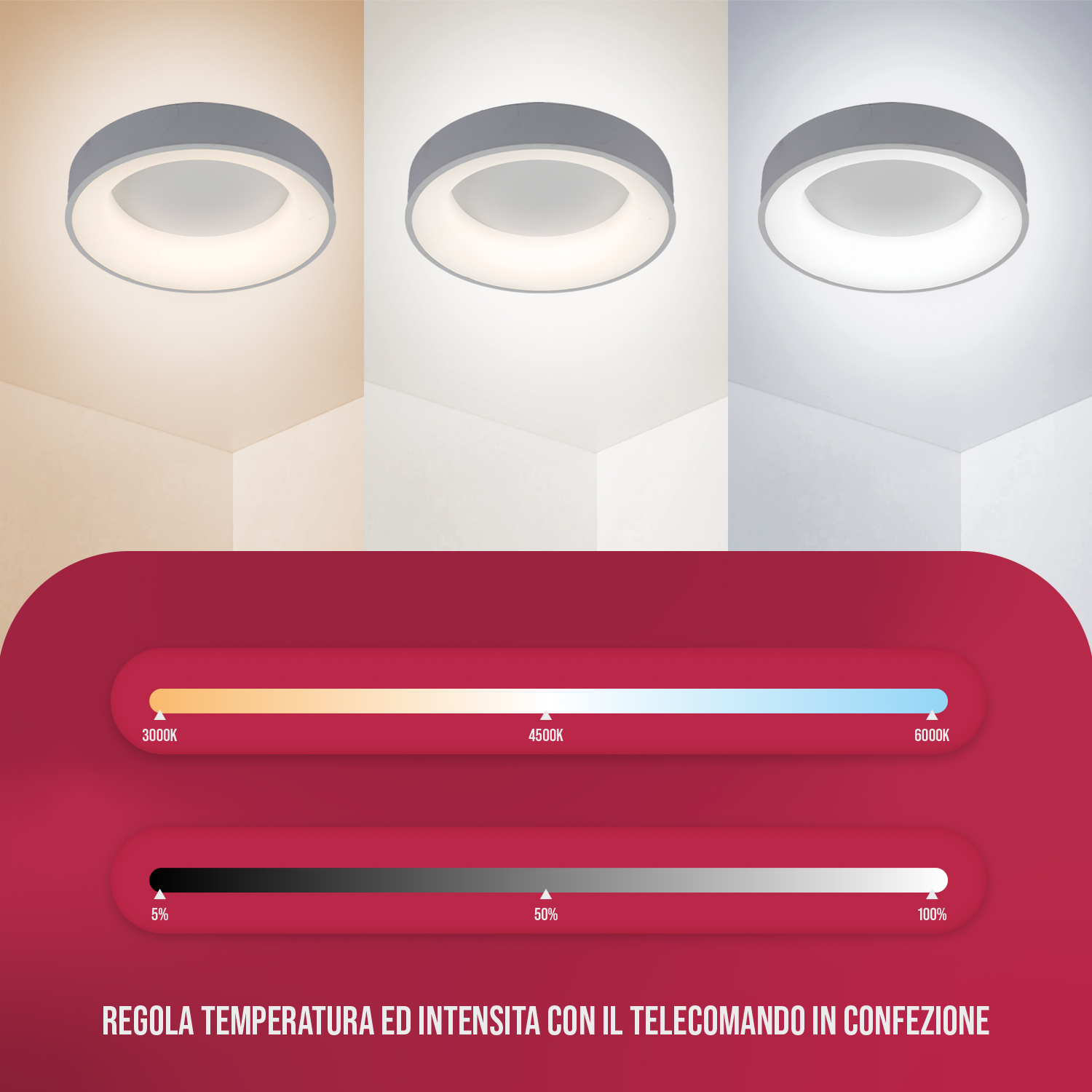 Tre plafoniere con diverse temperature di colore. Un pannello di controllo è in basso.