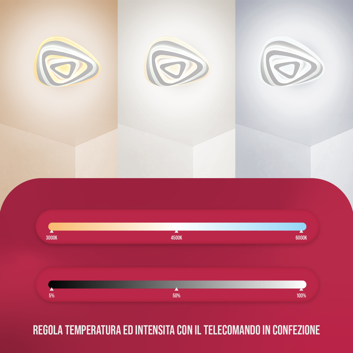 Lampada da soffitto con temperatura colore e luminosità regolabili. Il display mostra l'intervallo.