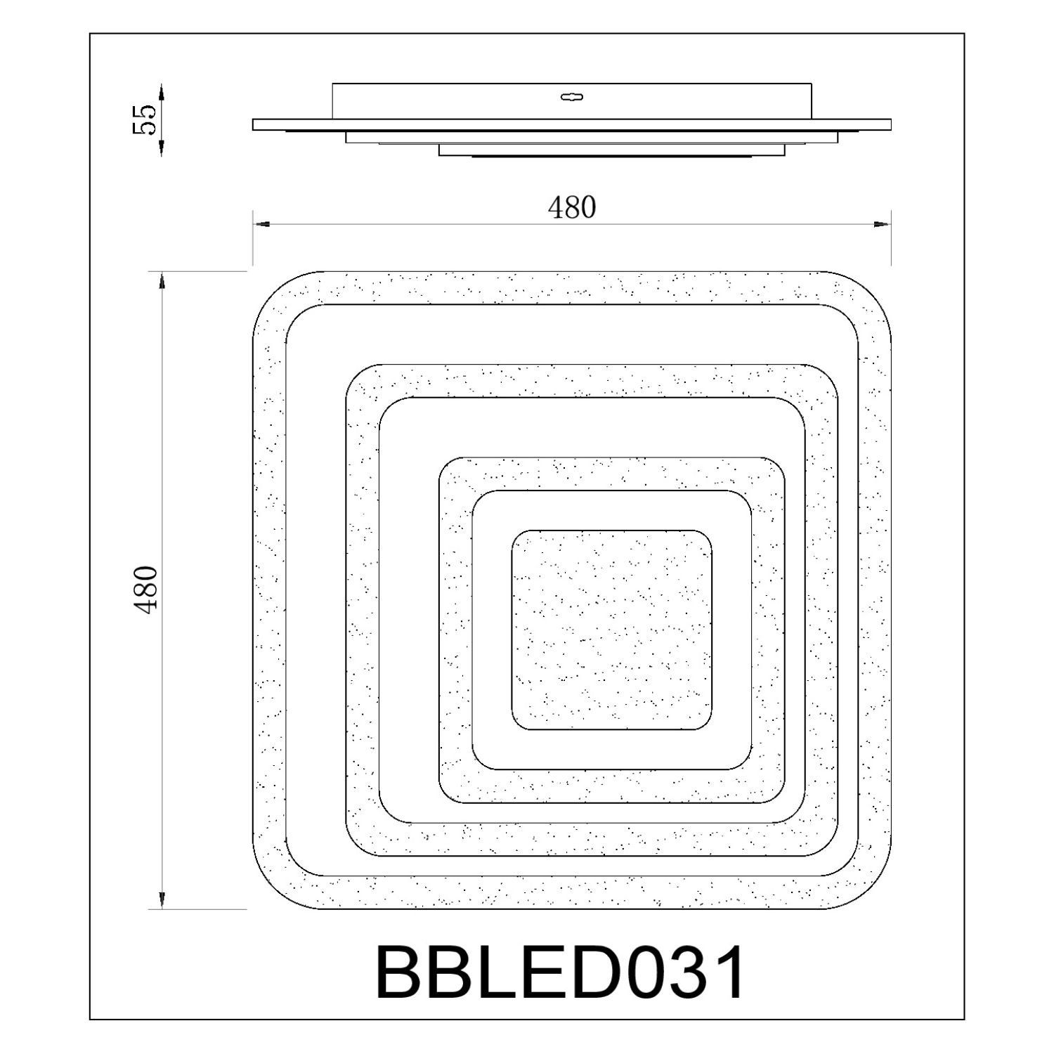 Diagramma di lampada da soffitto quadrata con dimensioni. La lampada è composta da quadrati concentrici.
