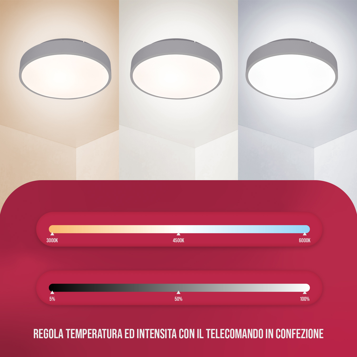 Tre lampade da soffitto che mostrano diverse temperature colore e livelli di luminosità. Una barra rossa indica le impostazioni.