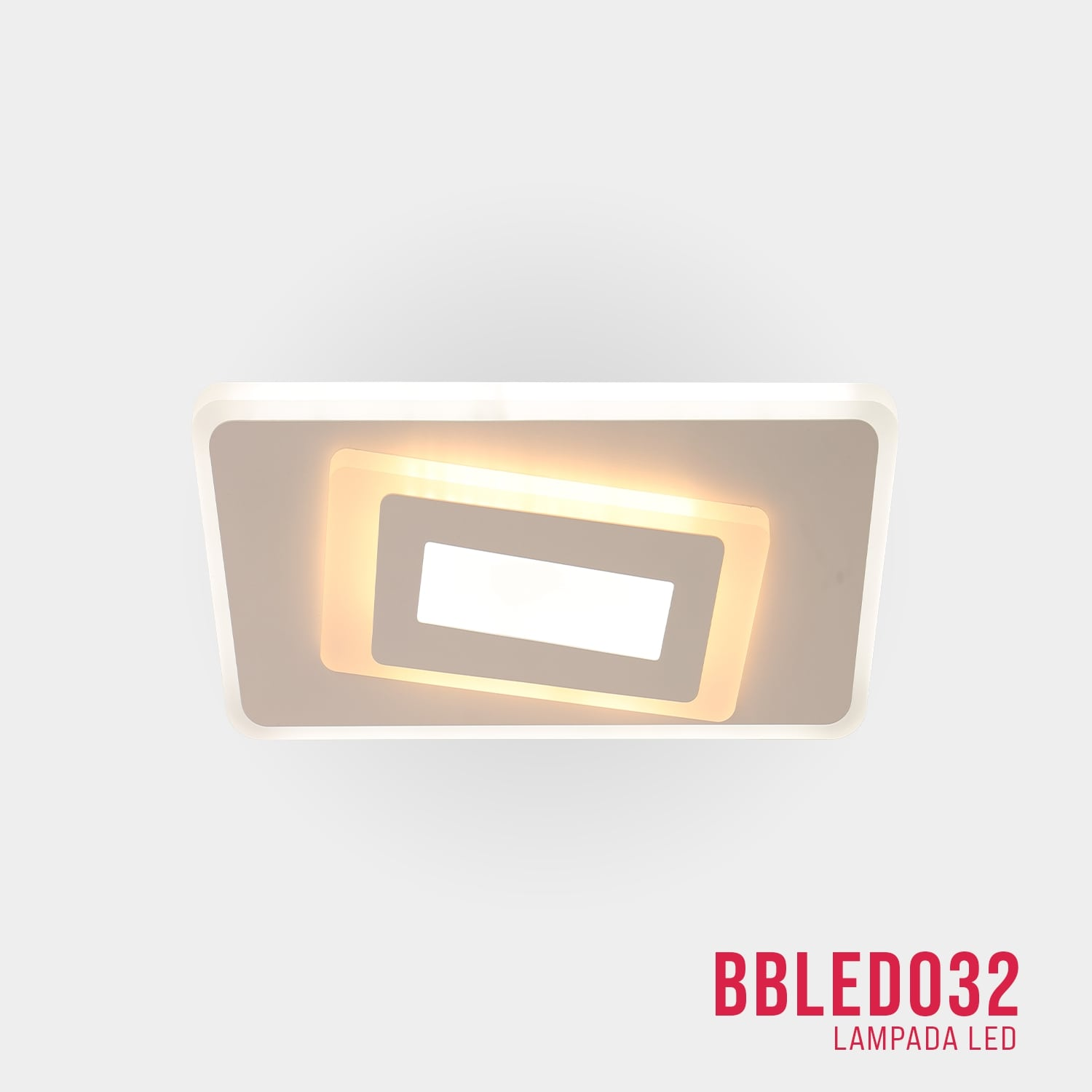 Plafoniera LED rettangolare con un centro rettangolare luminoso. Il testo BBELED032 è sotto.
