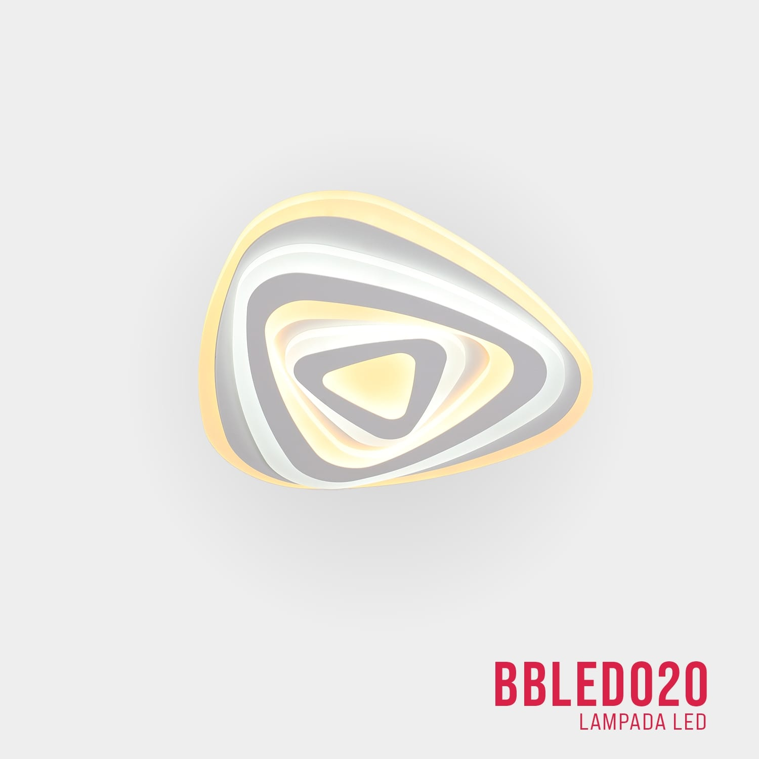 Plafoniera moderna in bianco e grigio, un design a strati con forma triangolare. Testo: BBLED020.