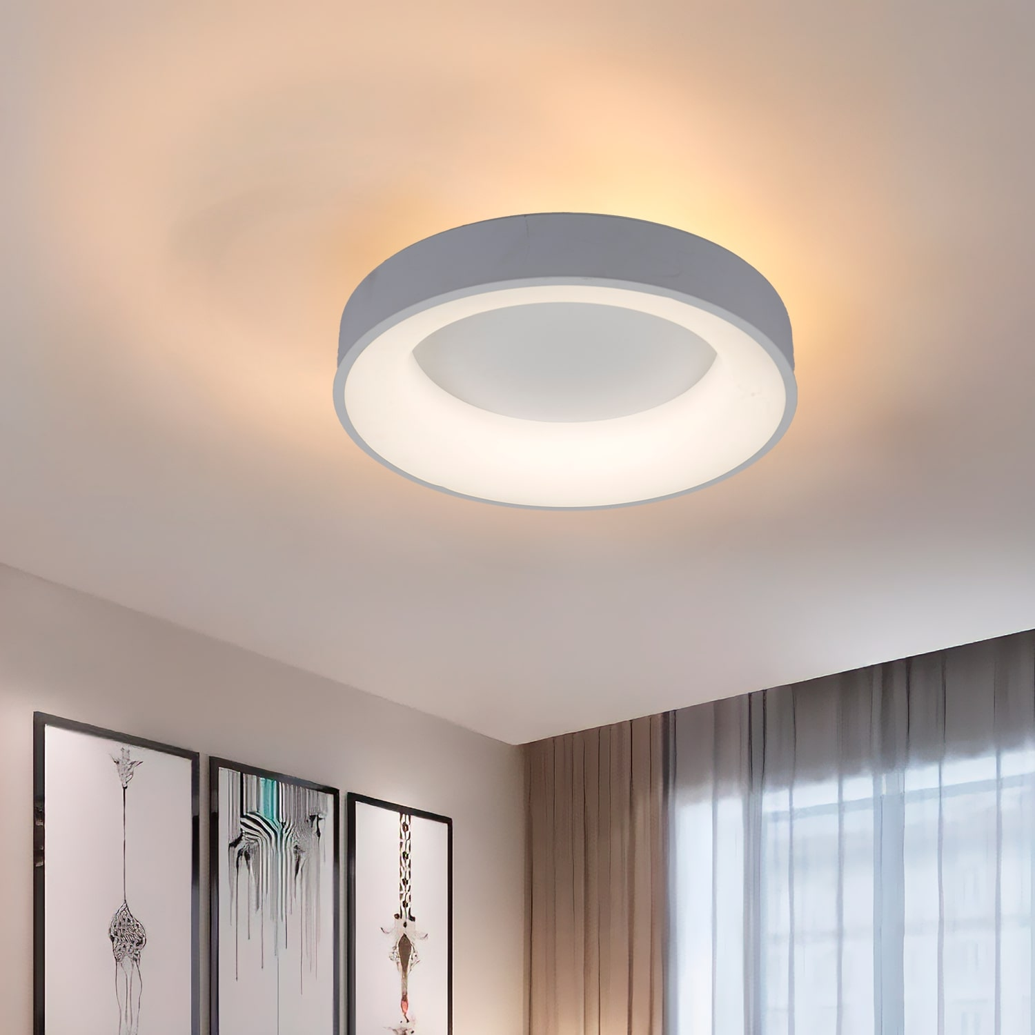 Lampada da soffitto moderna con design circolare. La lampada ha un anello interno bianco.