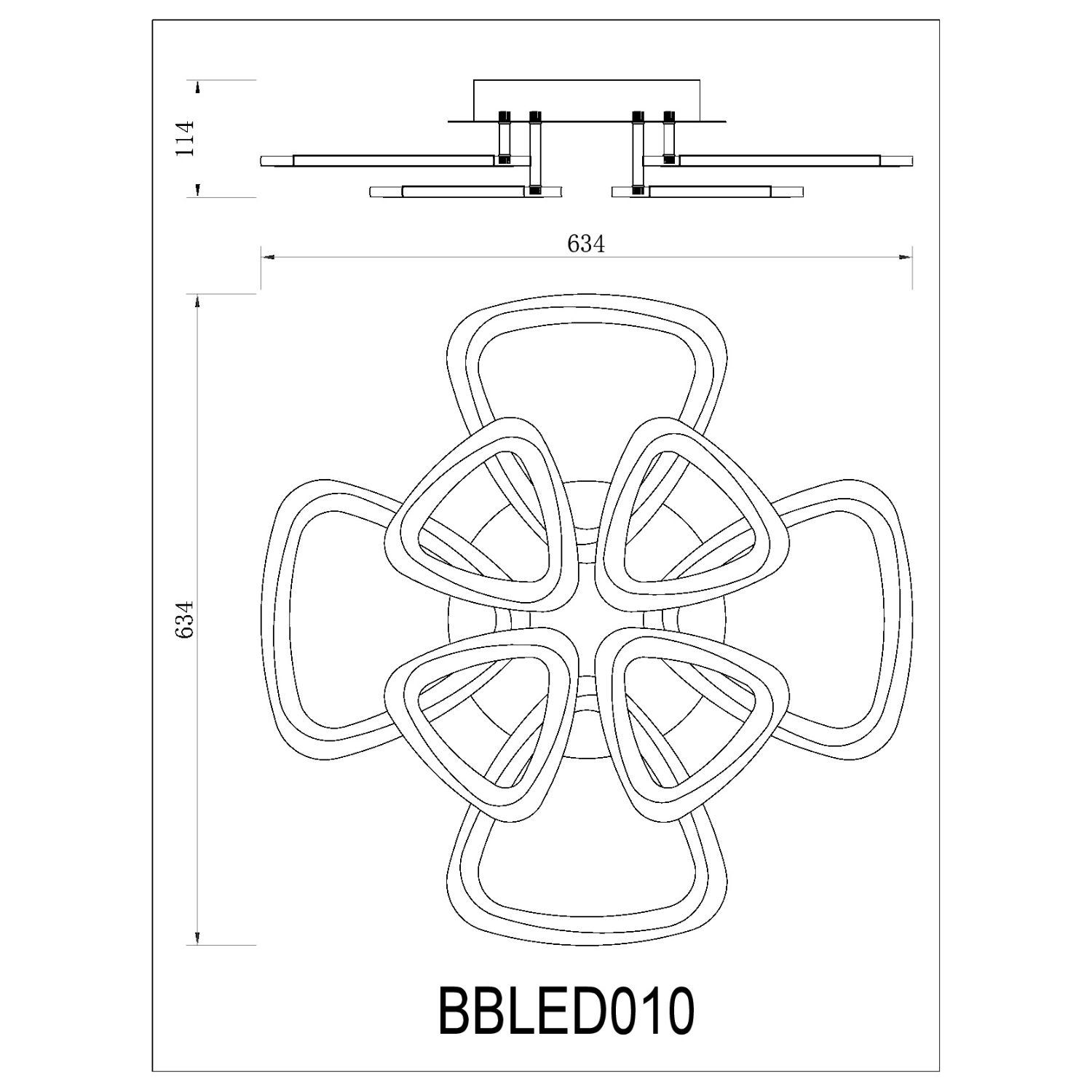 Disegno tecnico di un'apparecchio a soffitto, che mostra dimensioni e design.