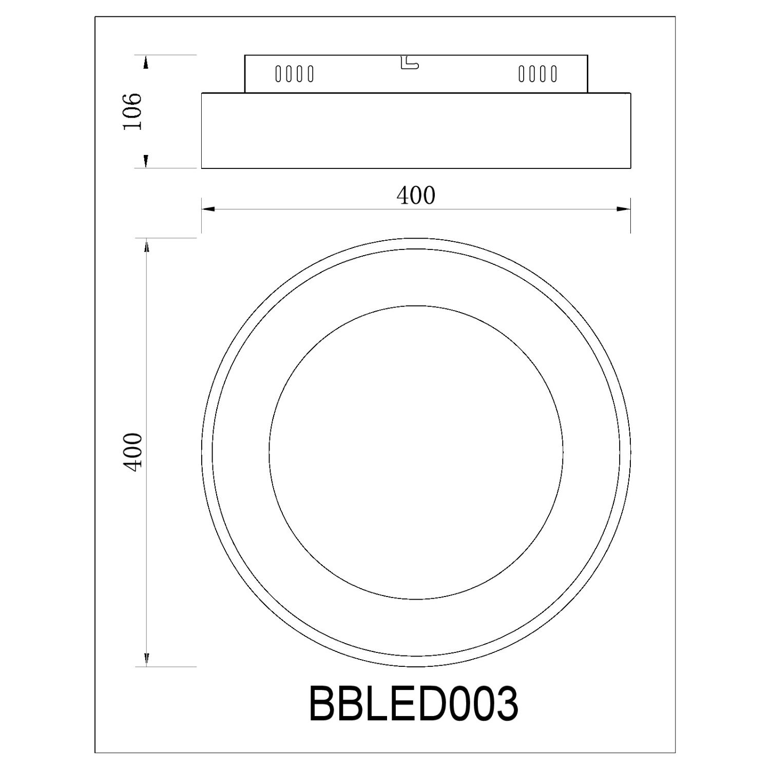 Diagramma di una lampada da soffitto circolare con dimensioni. Testo 'BBLED003' in basso.