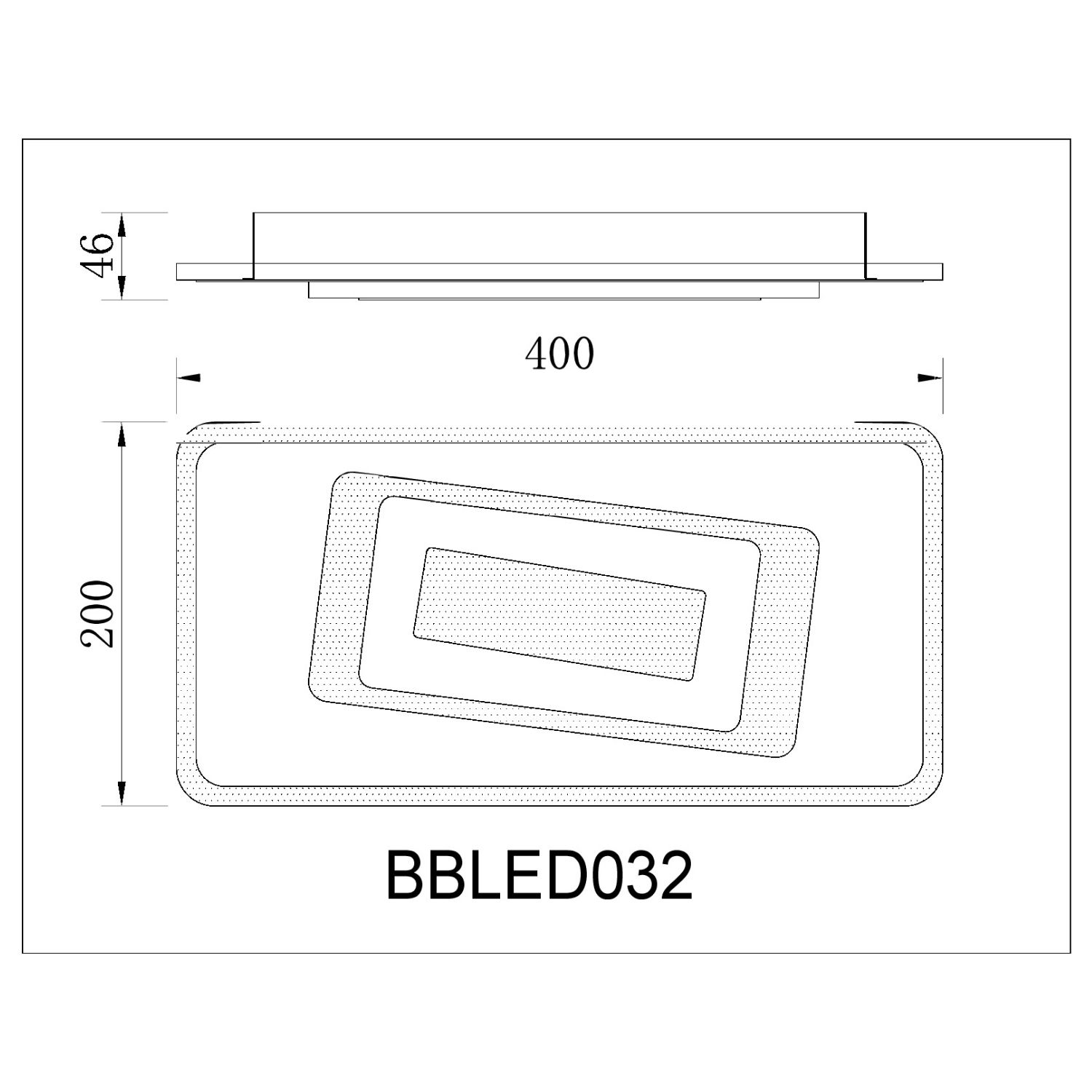Un disegno tecnico di una plafoniera rettangolare con dimensioni.