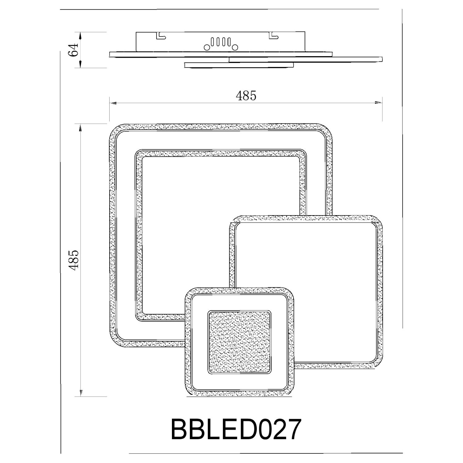 Diagramma di una lampada da soffitto quadrata con dimensioni. Testo 'BBLED027' in basso.