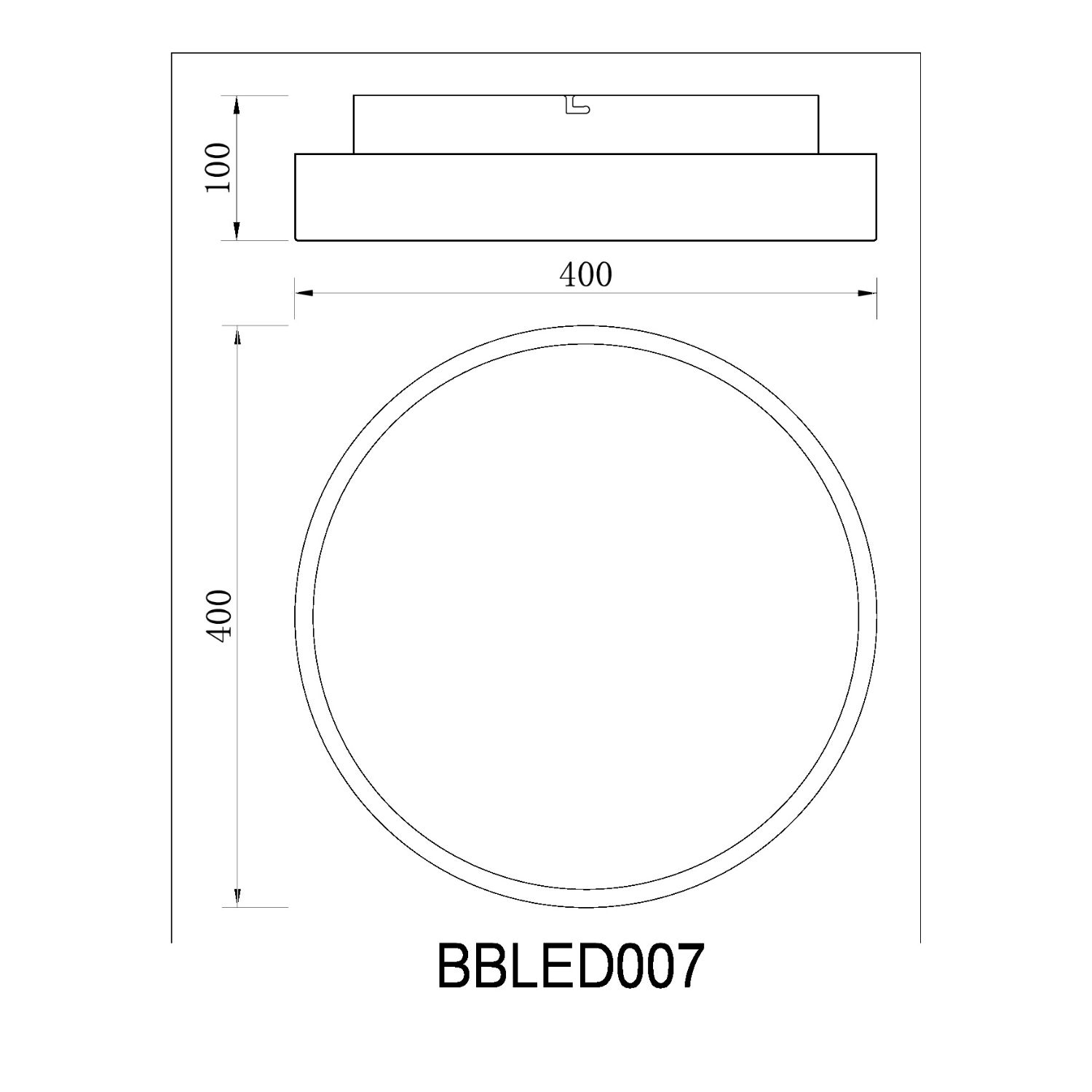 Disegno a tratto di una plafoniera con dimensioni: cerchio 400x400 mm, altezza 100 mm e testo BBELED007.