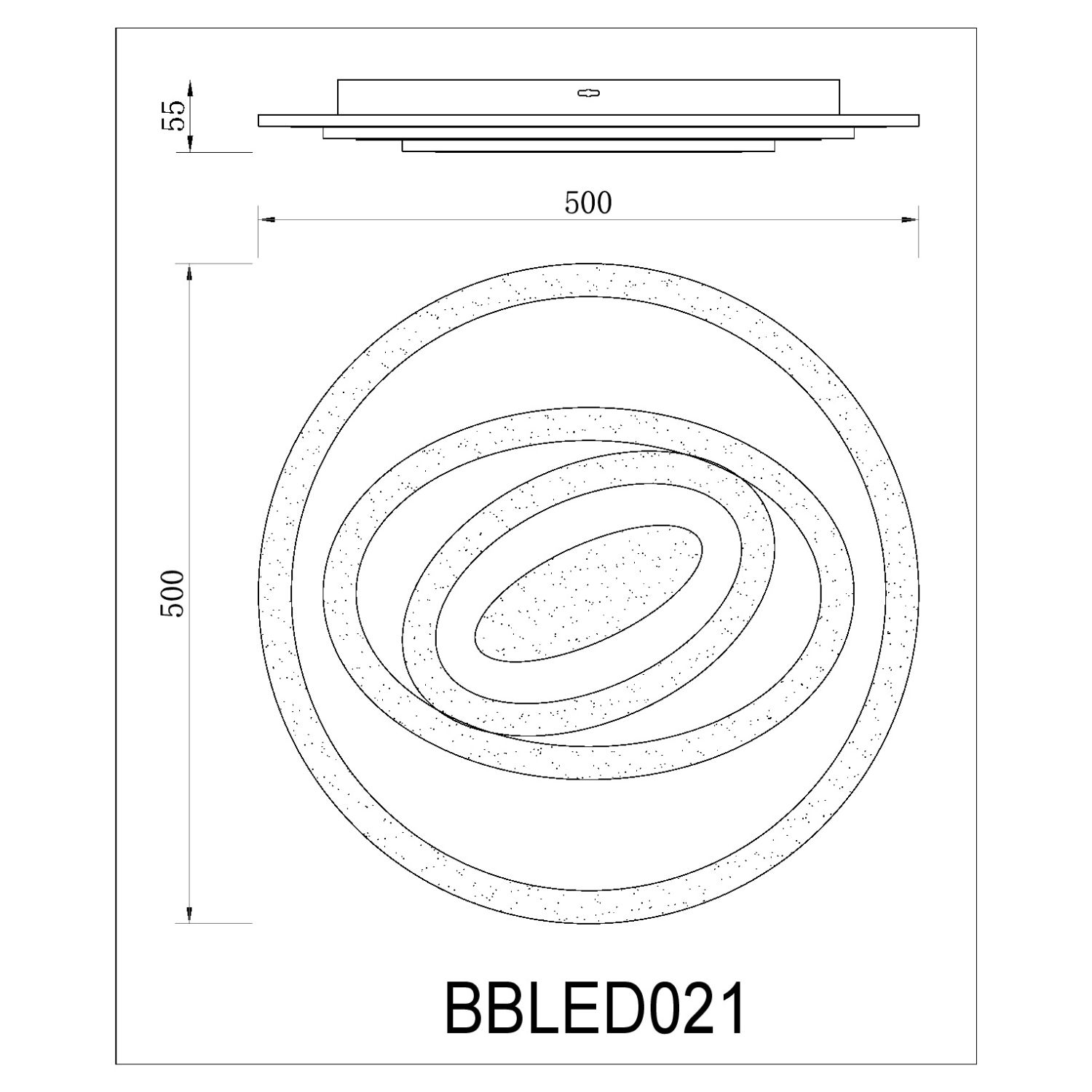 Schema di una lampada da soffitto. Vista dall'alto e laterale, con dimensioni e testo BBL021.