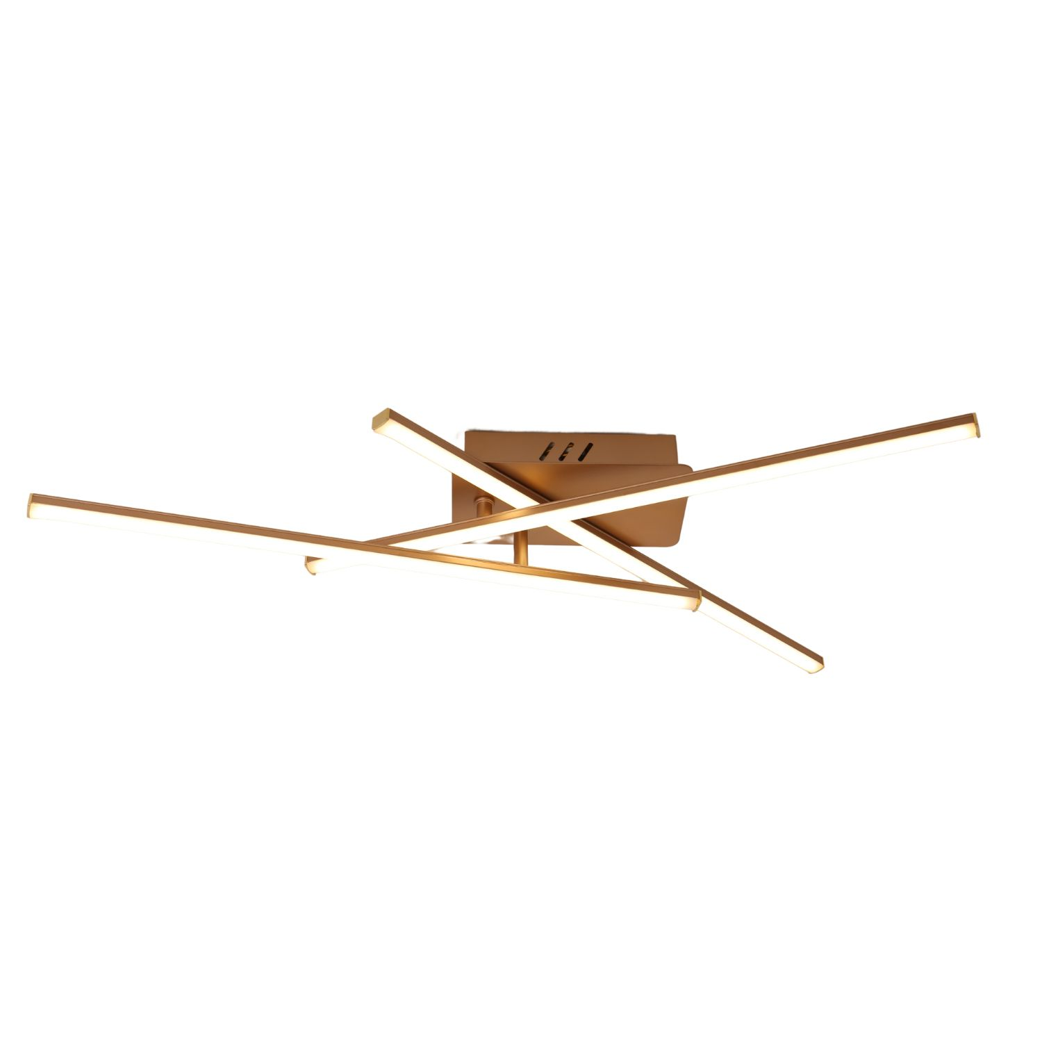 Lampada da soffitto con quattro barre orizzontali. Colore oro e sfondo bianco.
