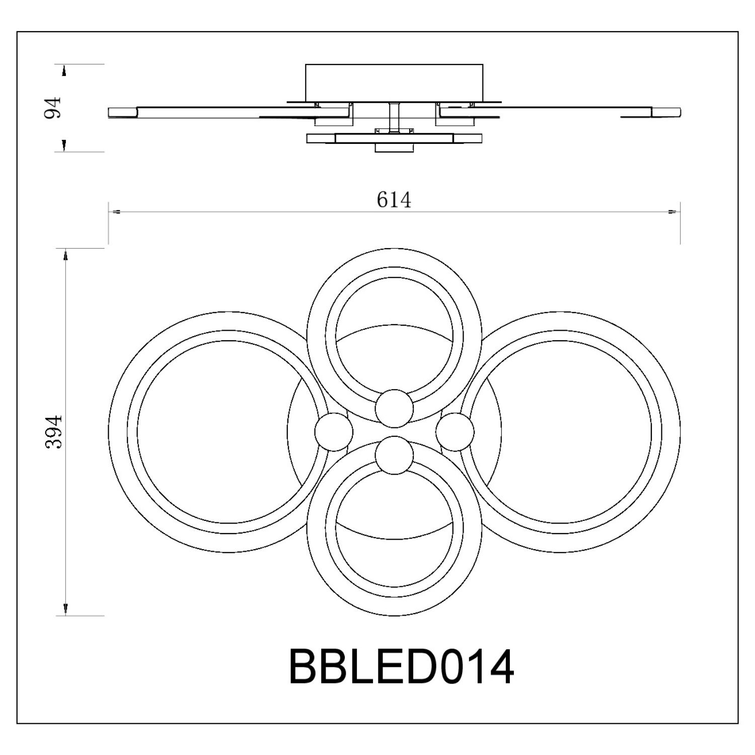 Disegno tecnico di una plafoniera, vista dall'alto della luce e le sue dimensioni in mm e altri dettagli.