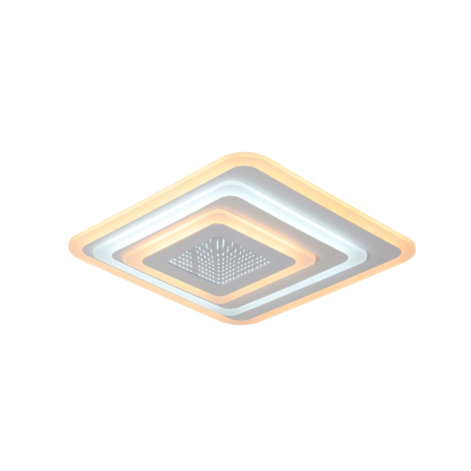 Lampada da soffitto quadrata con un centro quadrato e anelli quadrati a strati, con una luce calda.