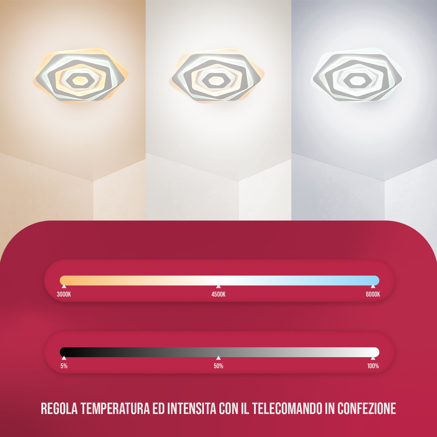 Tre plafoniere con diverse temperature di colore. Un pannello di controllo è in basso.