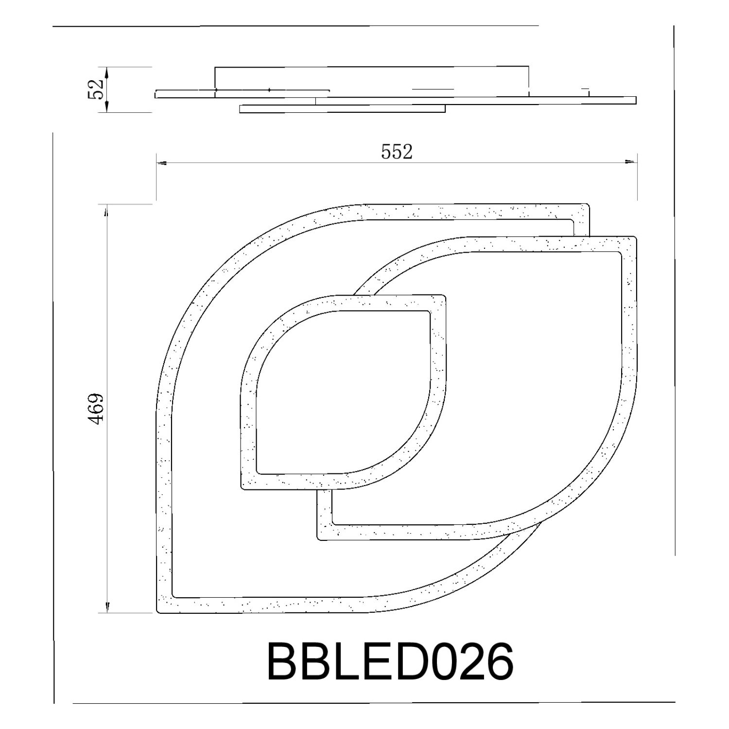 Disegno tecnico di un'apparecchio a soffitto, che mostra dimensioni e design.