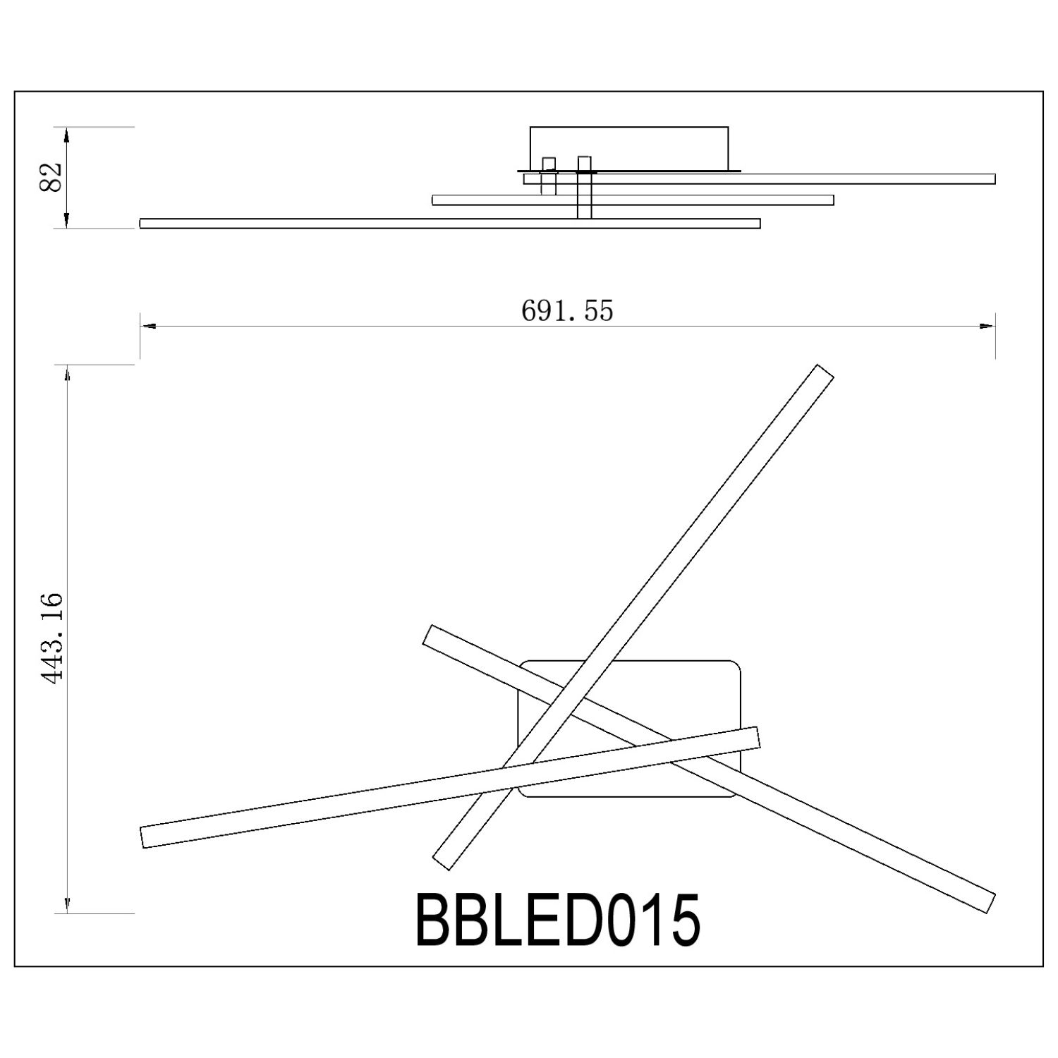 Un disegno di una lampada da soffitto mostra misure e dimensioni. La forma della lampada è astratta.