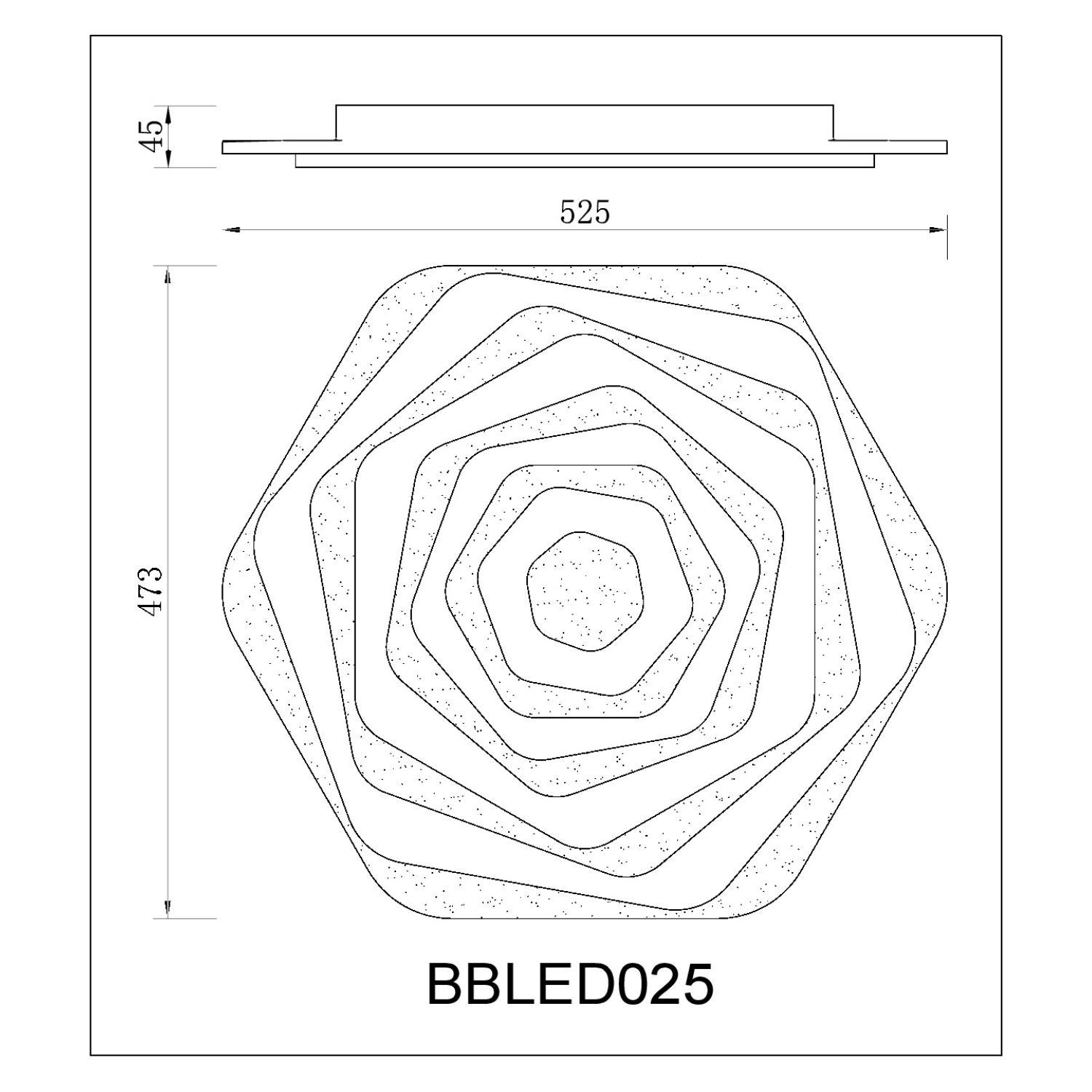 Disegno tecnico di una lampada da soffitto con forma esagonale, che mostra dimensioni e strati.