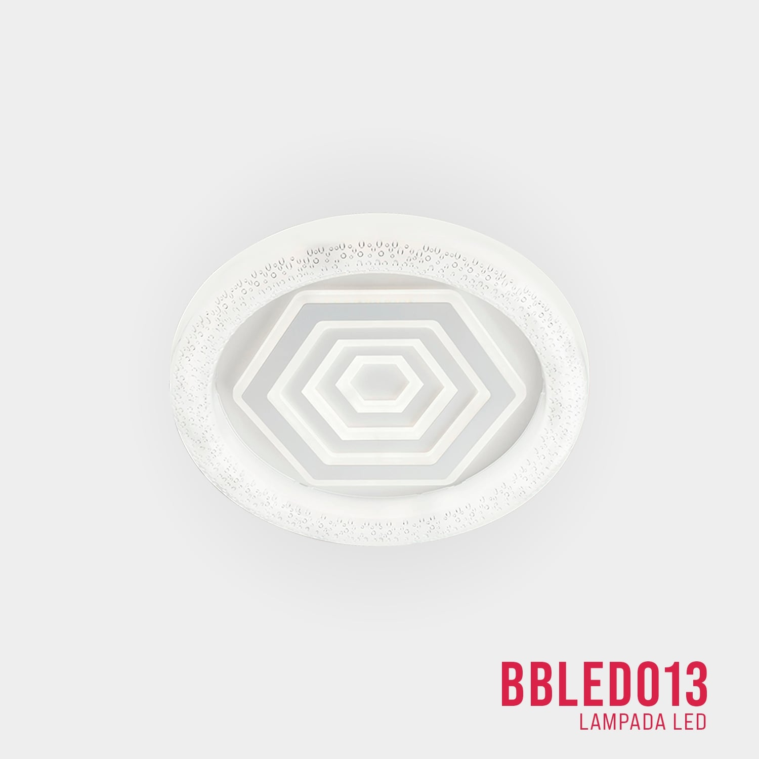 Plafoniera moderna con forma esagonale bianca. Sfondo bianco e testo BBL013.