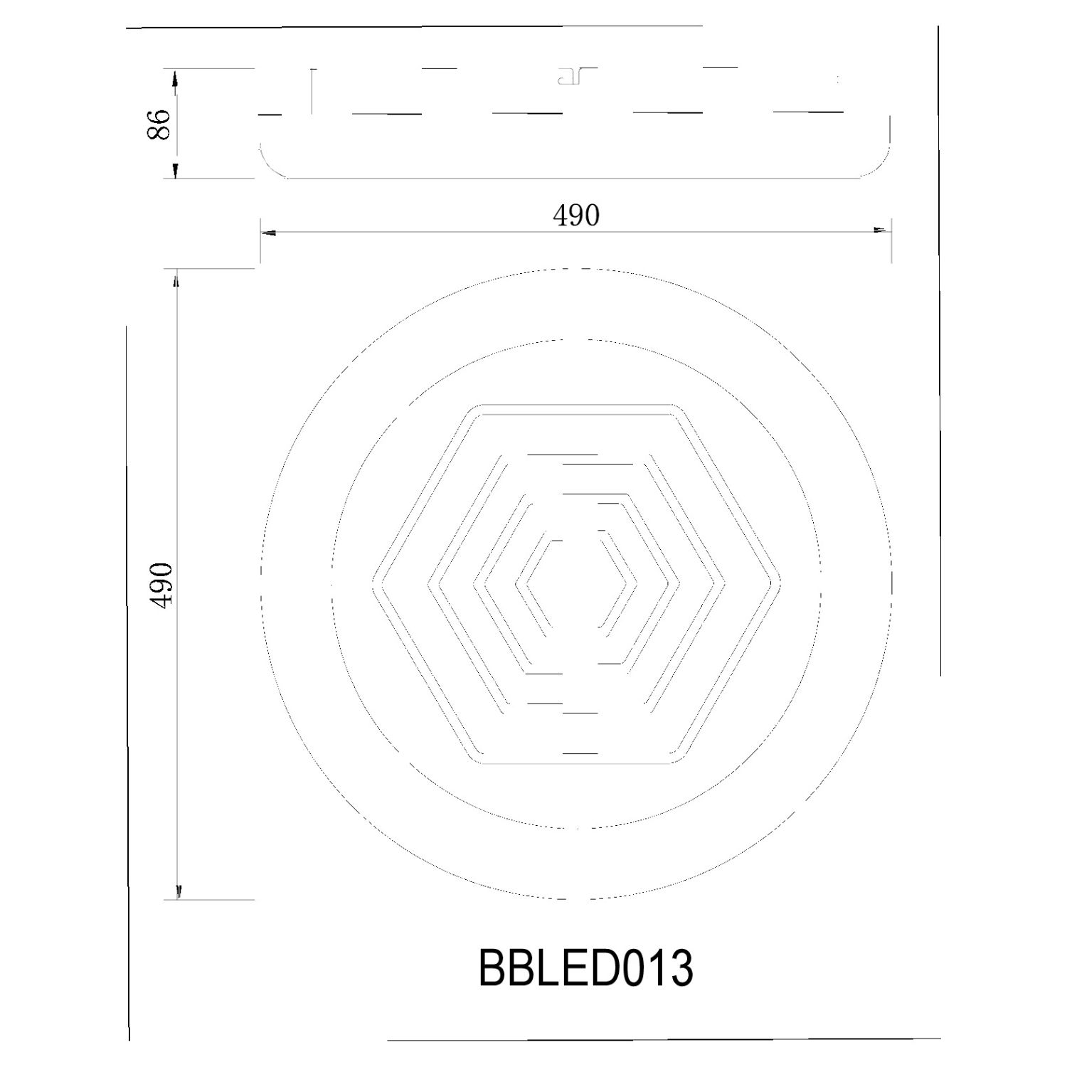 Diagramma di una lampada da soffitto esagonale con dimensioni. Testo 'BBLED013' in basso.