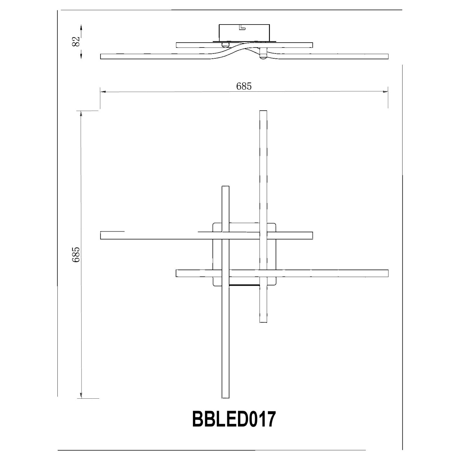 Disegno tecnico di una plafoniera, vista dall'alto della luce e le sue dimensioni in mm e altri dettagli.